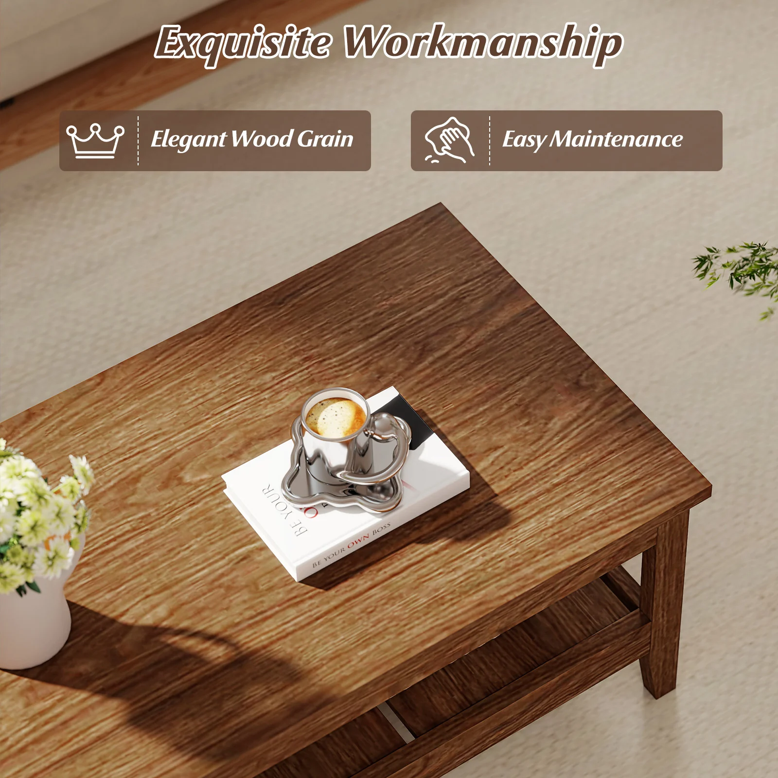 Farmhouse Coffee Table, Rustic Cocktail Center Table, Walnut - Image 8