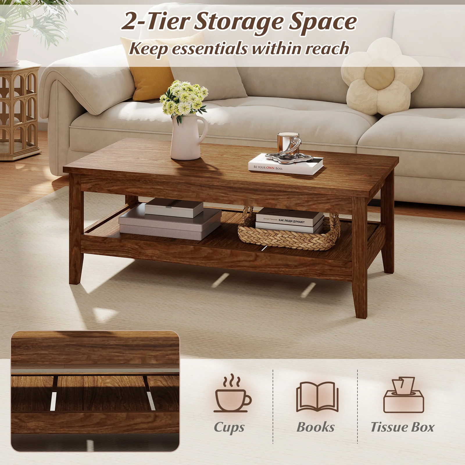 Farmhouse Coffee Table, Rustic Cocktail Center Table, Walnut - Image 9
