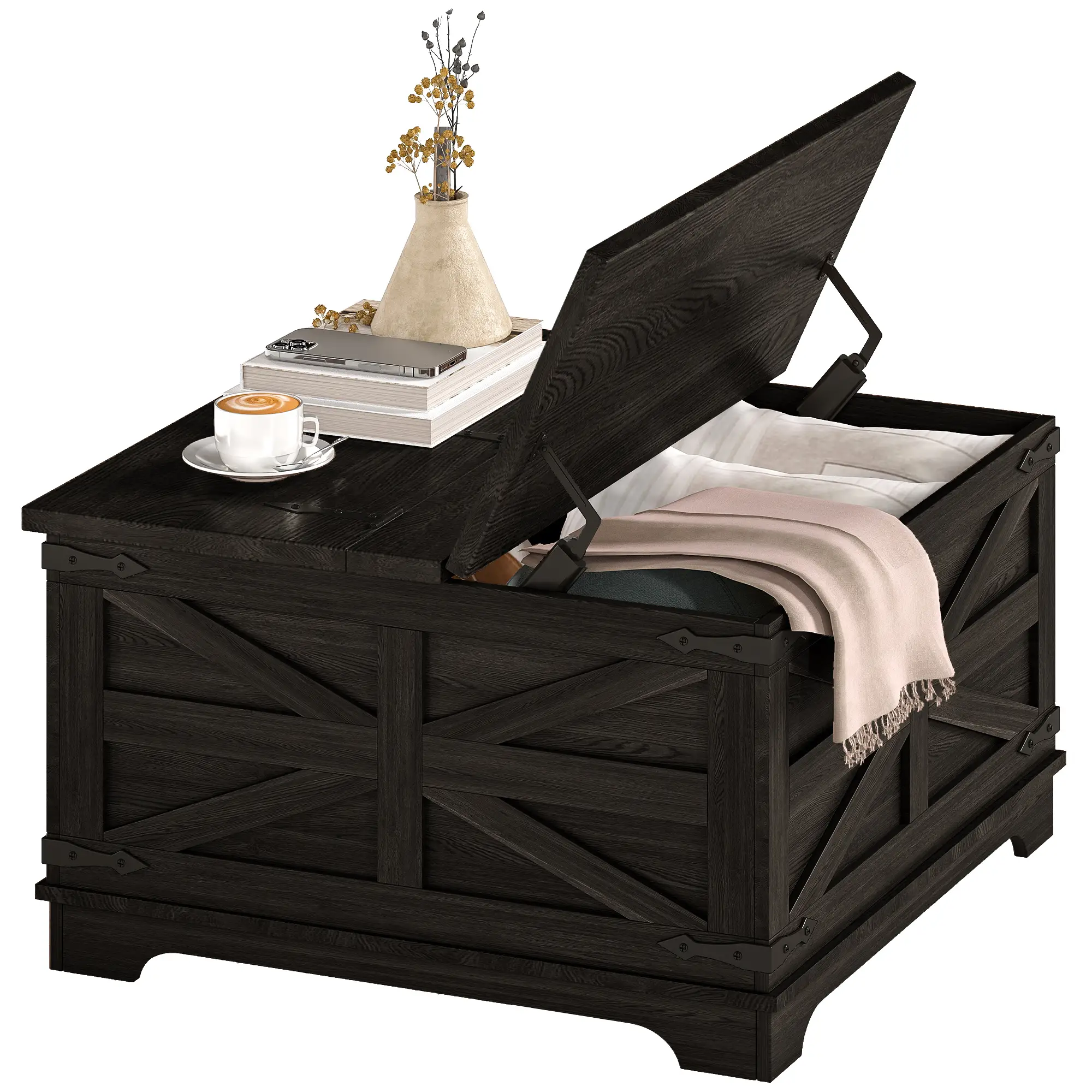 Farmhouse Coffee Table, Square Flip-Top Lid, Hidden Storage, Black - Image 11