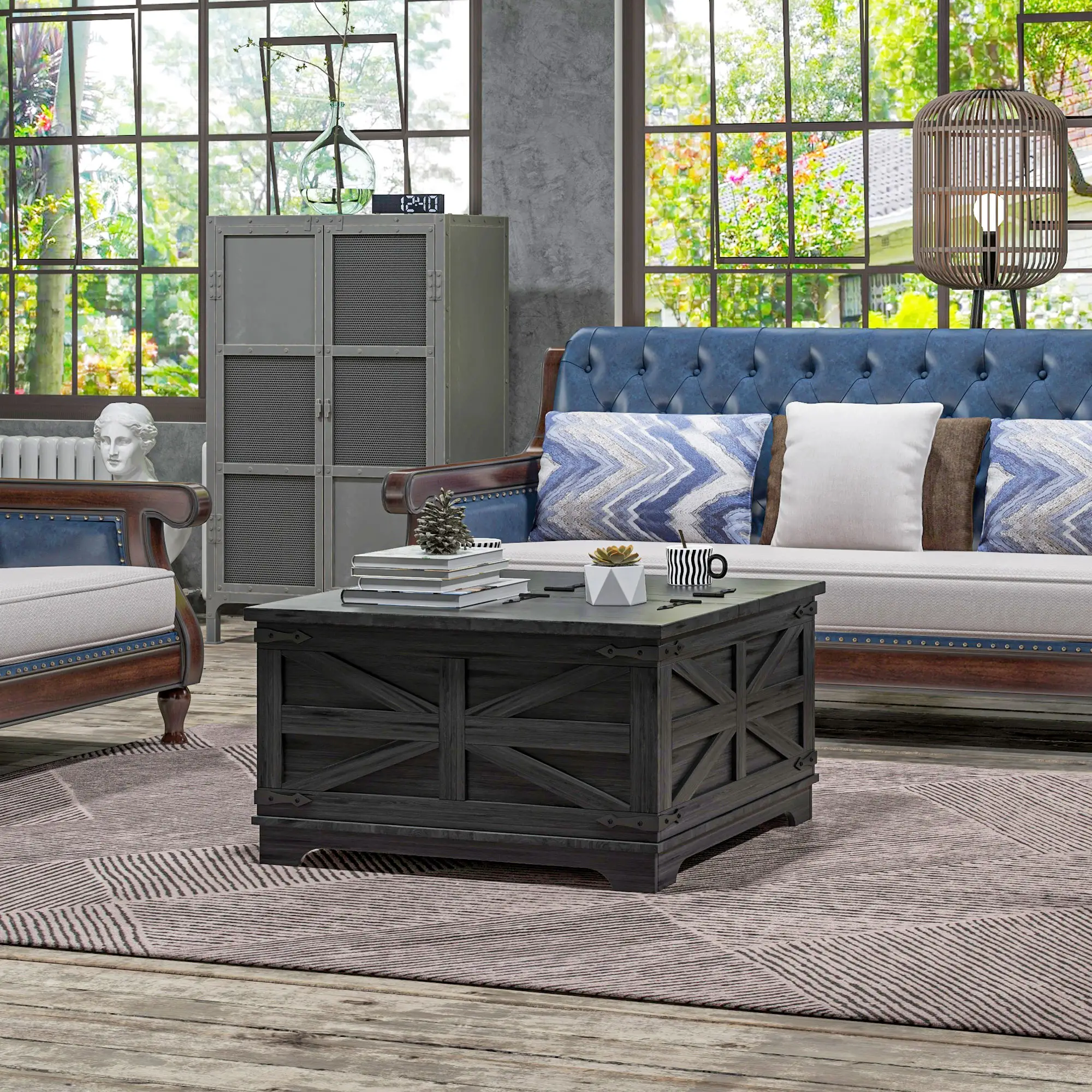 Farmhouse Coffee Table, Square Flip-Top Lid, Hidden Storage, Black - Image 2
