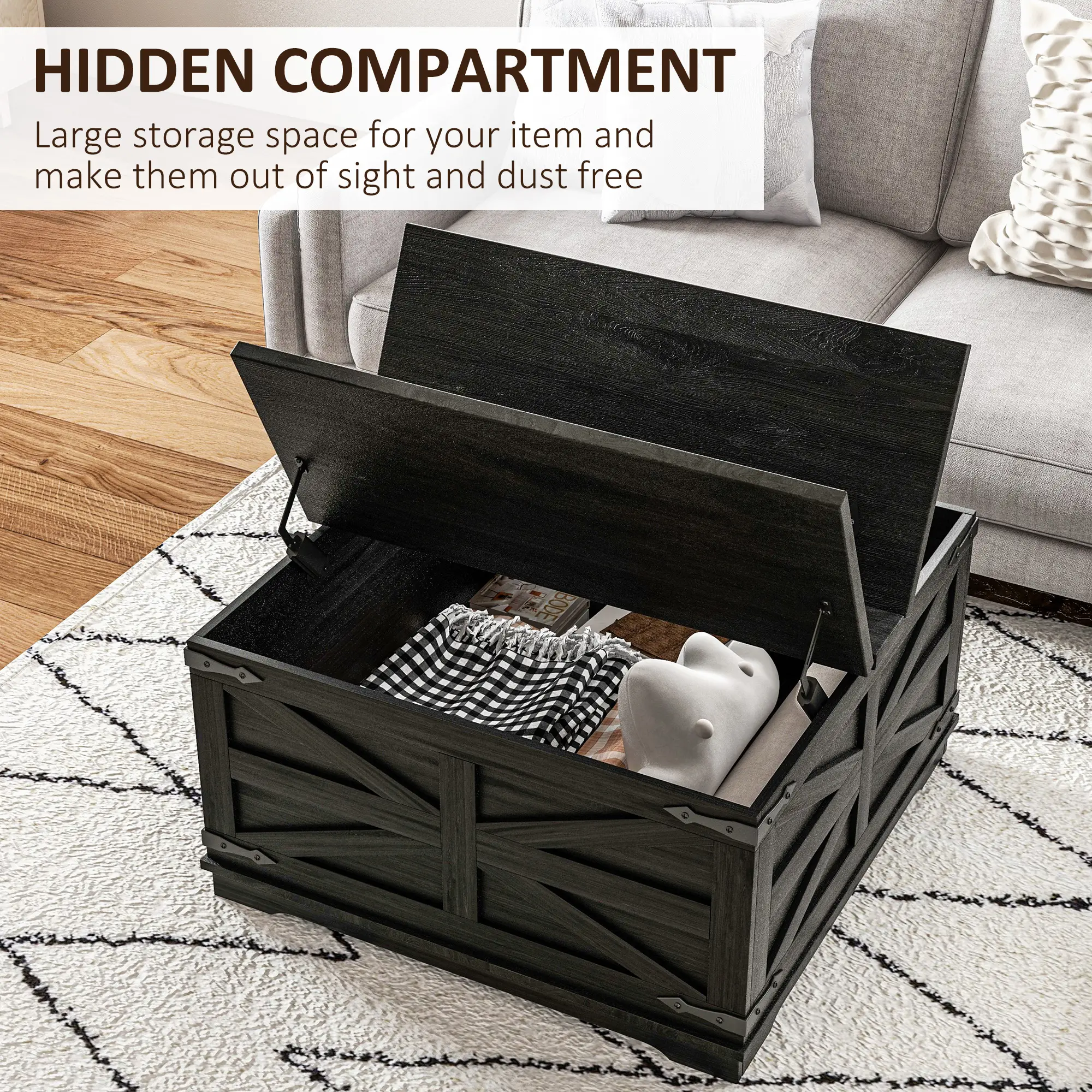 Farmhouse Coffee Table, Square Flip-Top Lid, Hidden Storage, Black - Image 4
