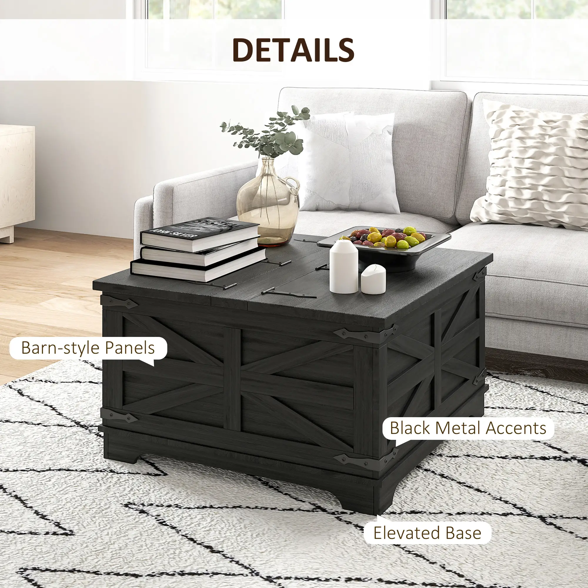 Farmhouse Coffee Table, Square Flip-Top Lid, Hidden Storage, Black - Image 6