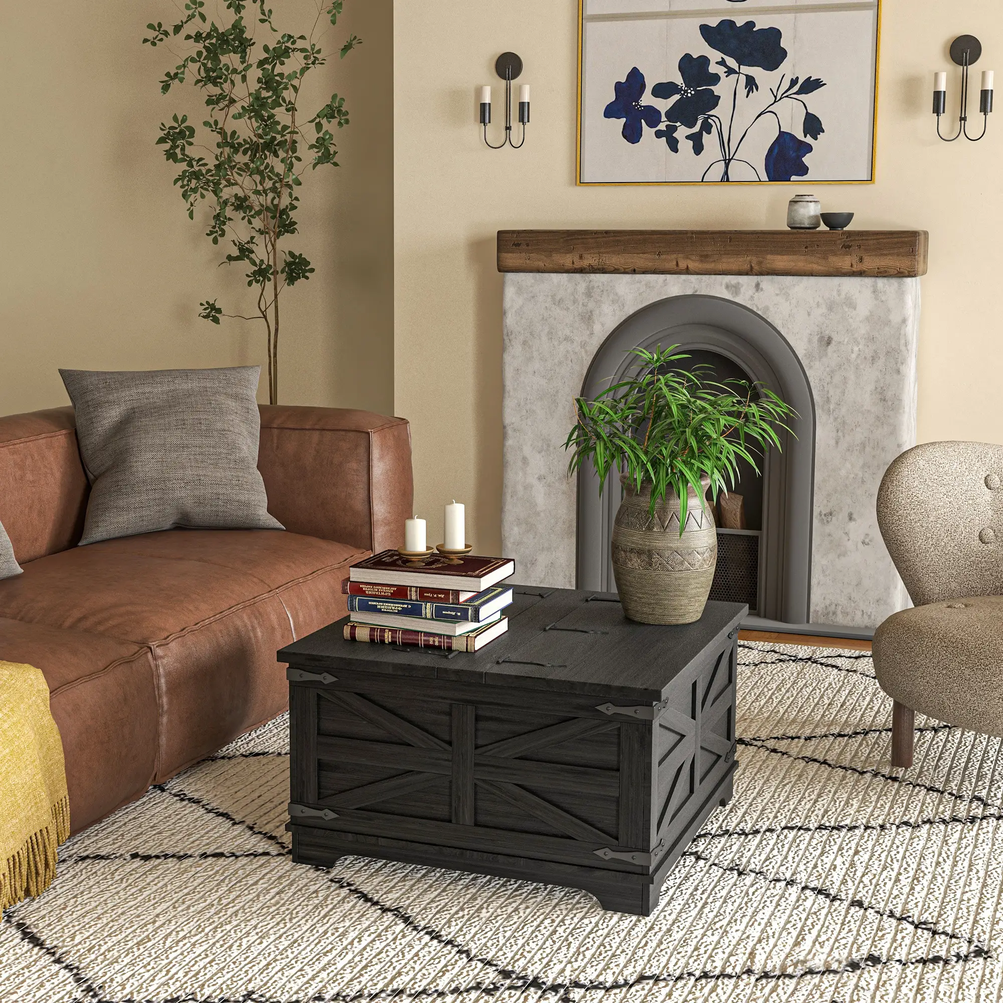Farmhouse Coffee Table, Square Flip-Top Lid, Hidden Storage, Black - Image 7