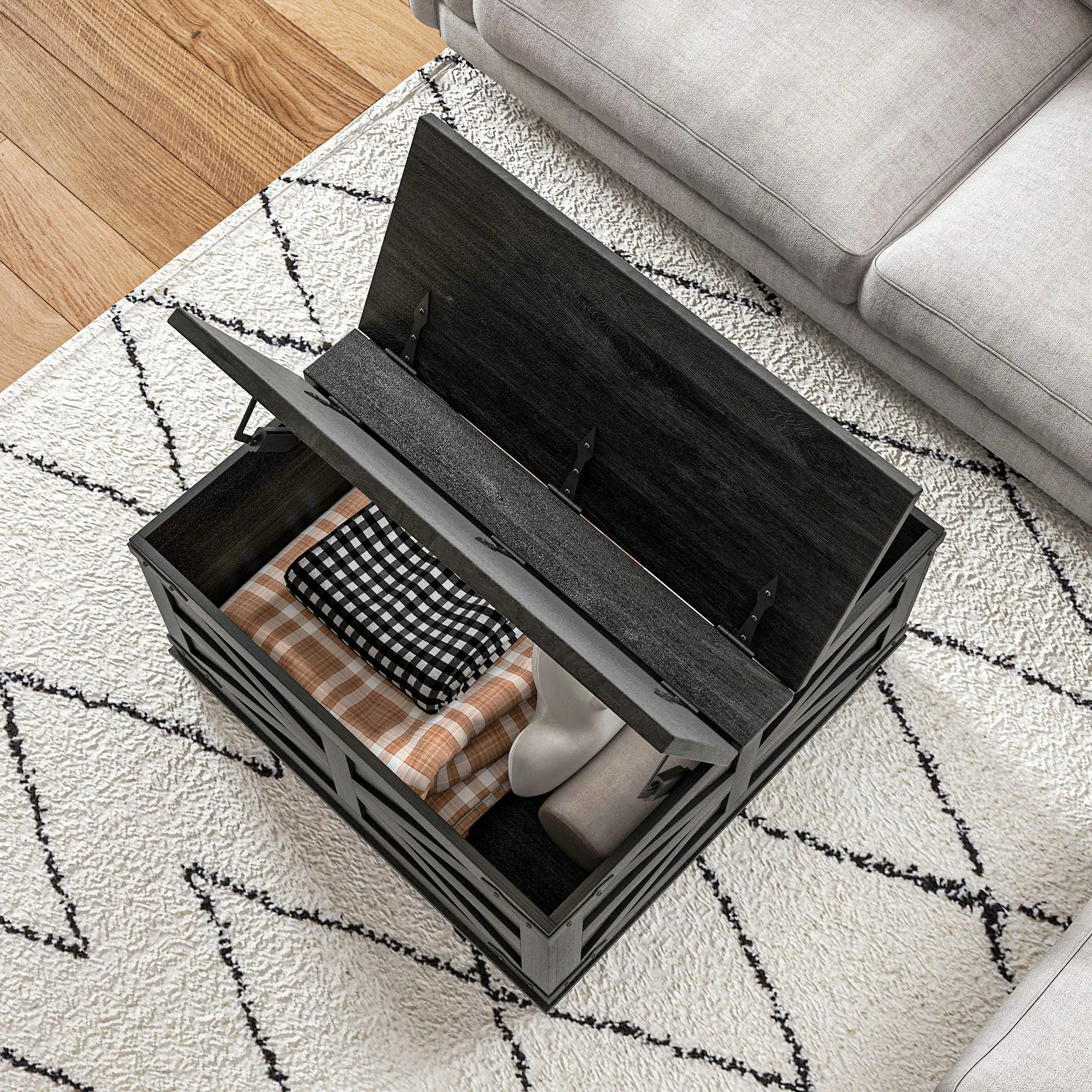 Farmhouse Coffee Table, Square Flip-Top Lid, Hidden Storage, Black - Image 9