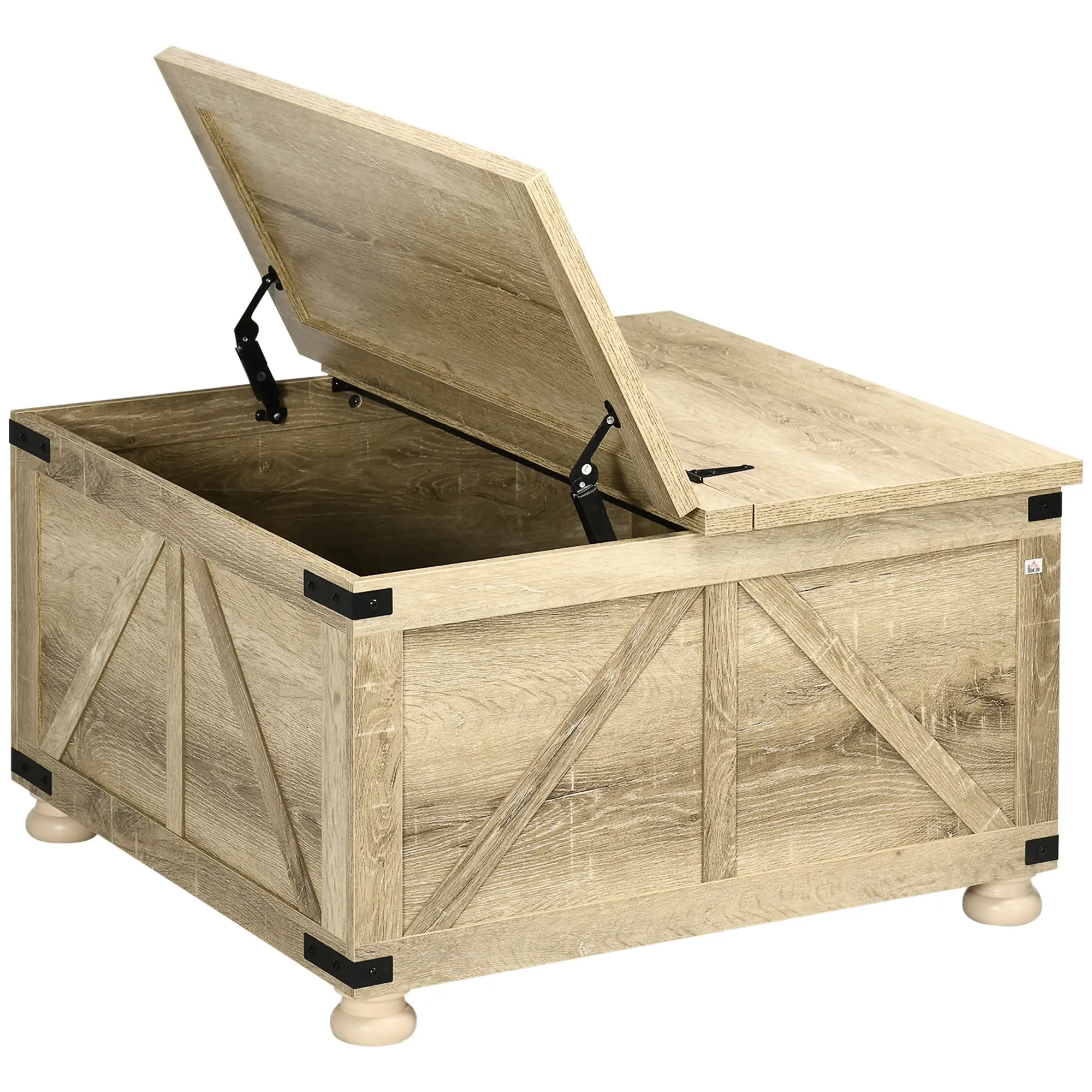 Farmhouse Coffee Table, Square Flip-Top Lid, Hidden Storage, Oak