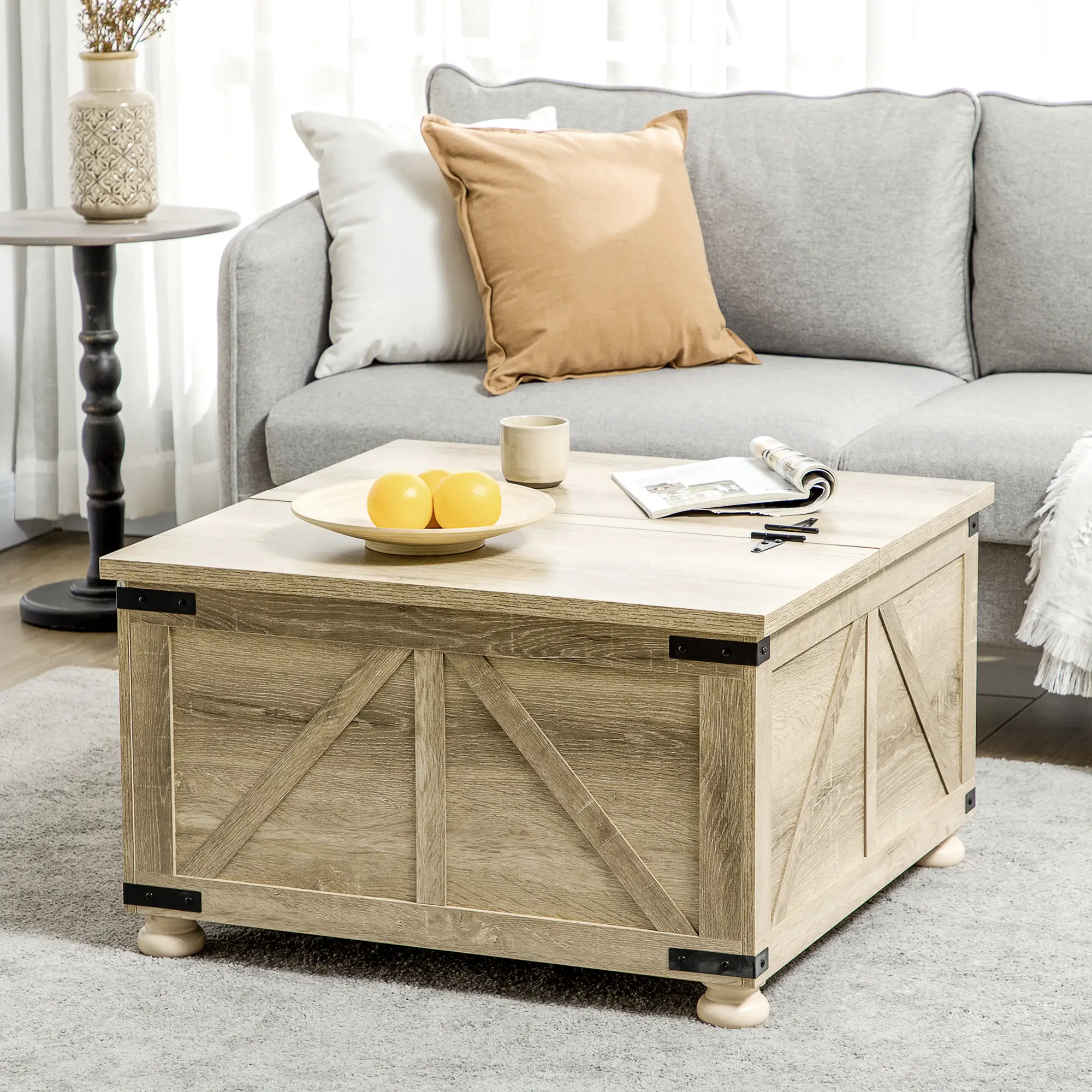 Farmhouse Coffee Table, Square Flip-Top Lid, Hidden Storage, Oak - Image 8