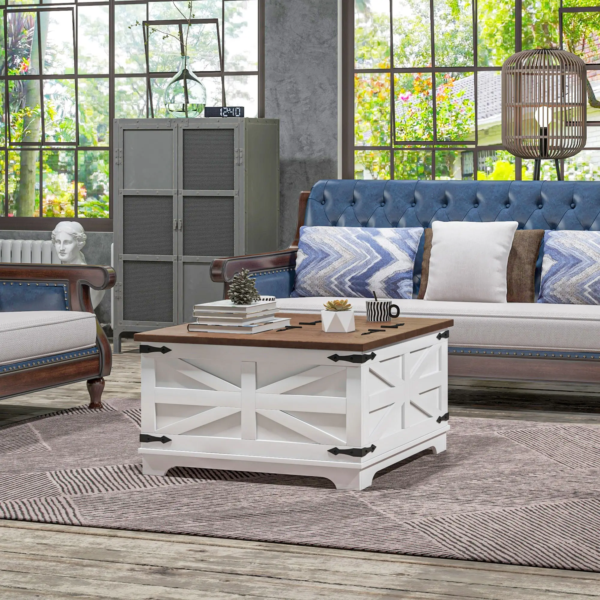 Farmhouse Coffee Table, Square Flip-Top Lid, Hidden Storage, White - Image 2