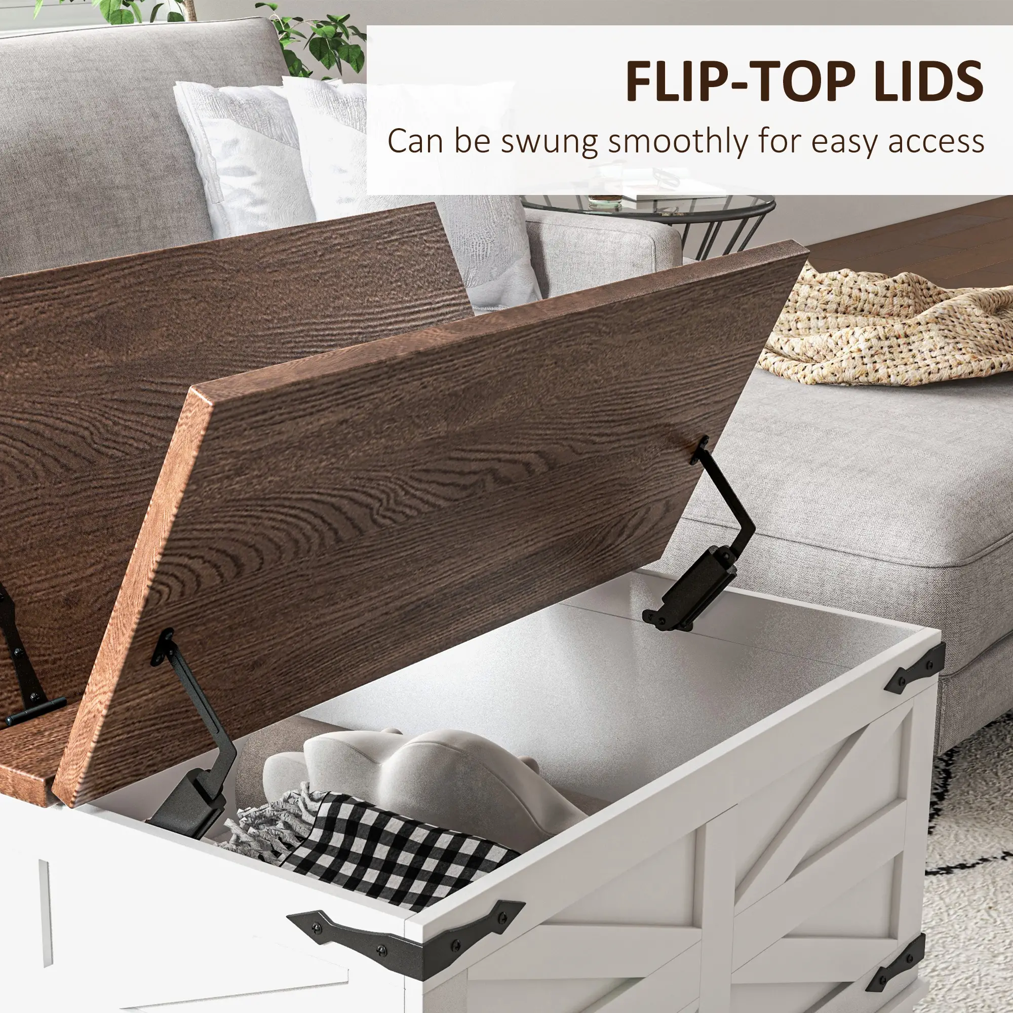 Farmhouse Coffee Table, Square Flip-Top Lid, Hidden Storage, White - Image 5
