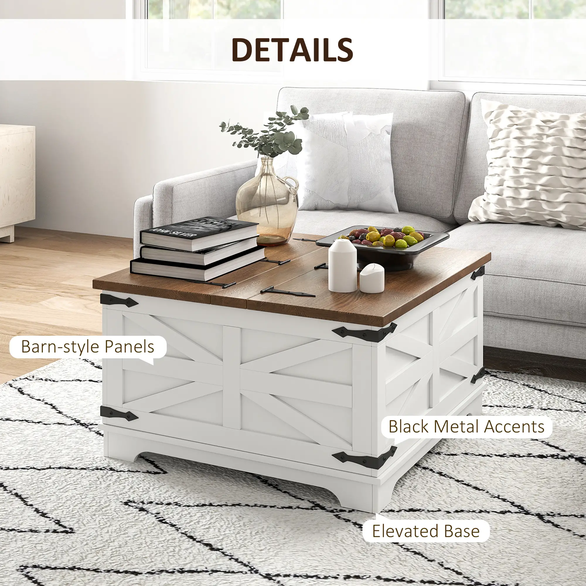 Farmhouse Coffee Table, Square Flip-Top Lid, Hidden Storage, White - Image 6