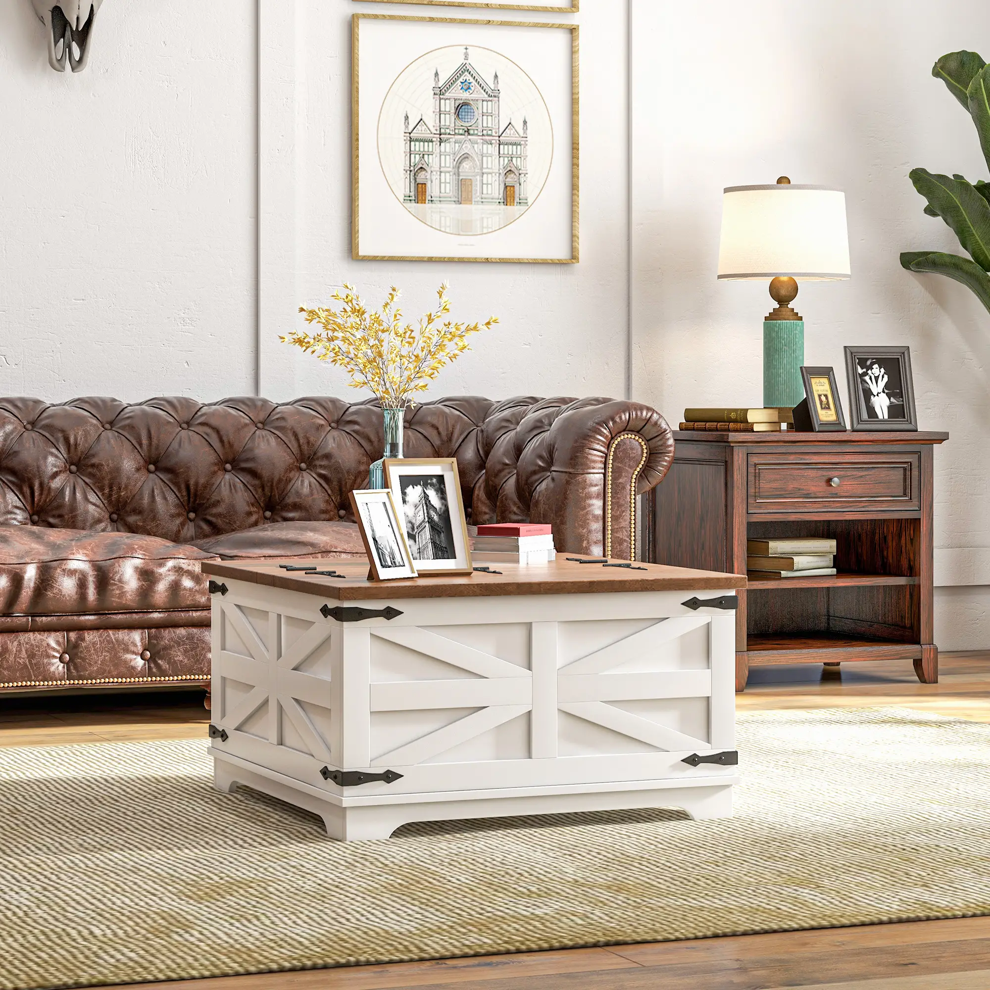 Farmhouse Coffee Table, Square Flip-Top Lid, Hidden Storage, White - Image 8
