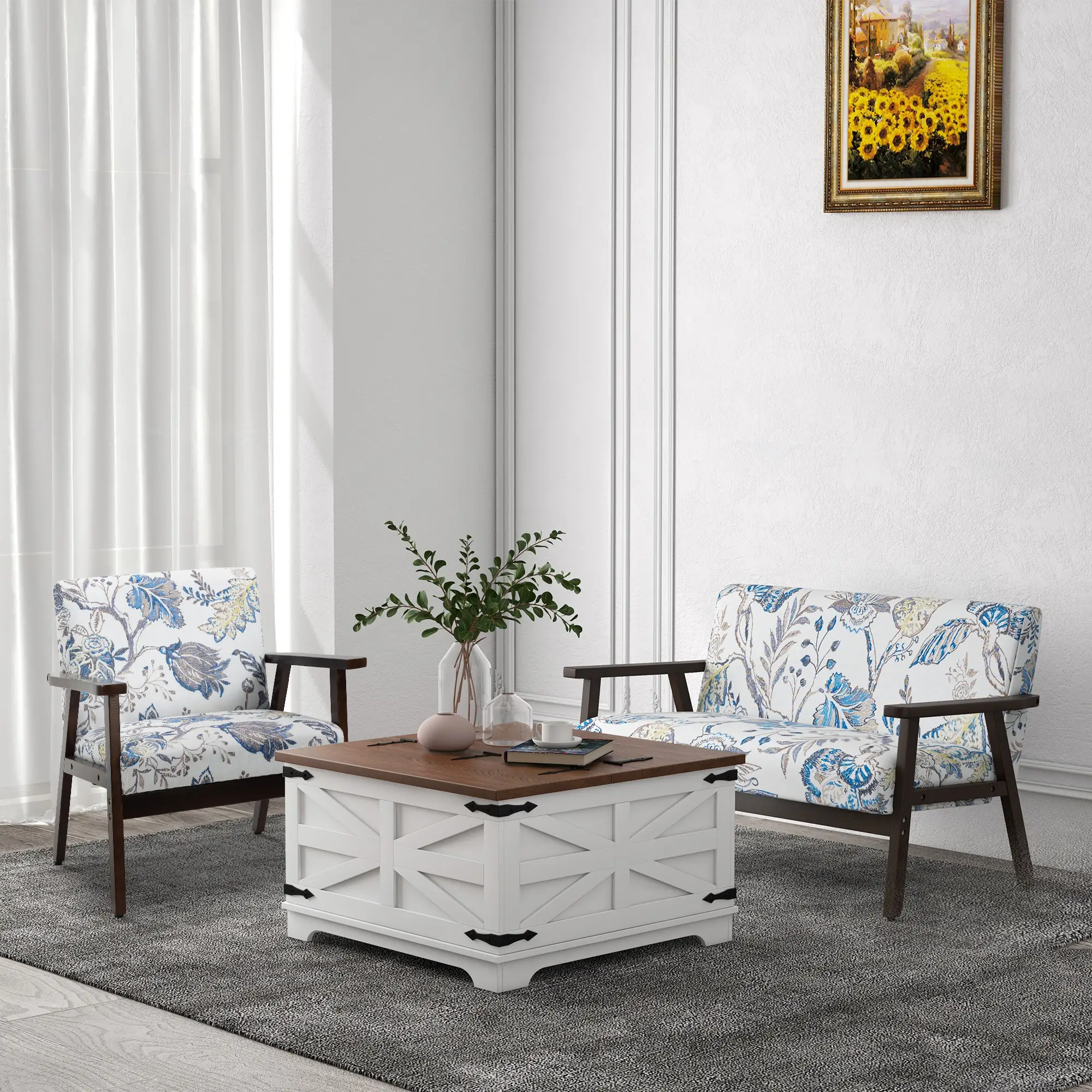 Farmhouse Coffee Table, Square Flip-Top Lid, Hidden Storage, White - Image 9