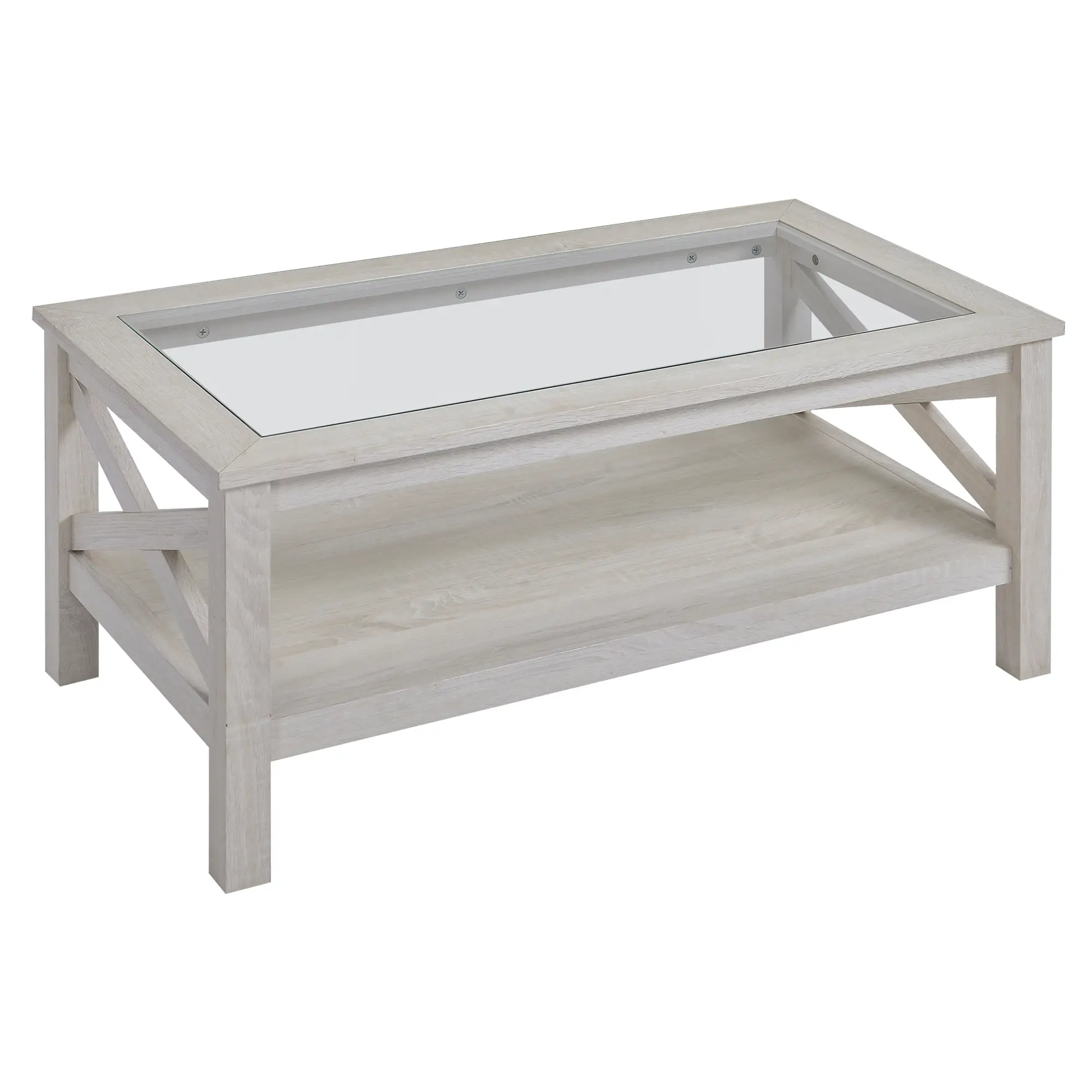 Farmhouse Coffee Table, Tempered Glass Top, 2-Tier with Storage Shelf - Image 11