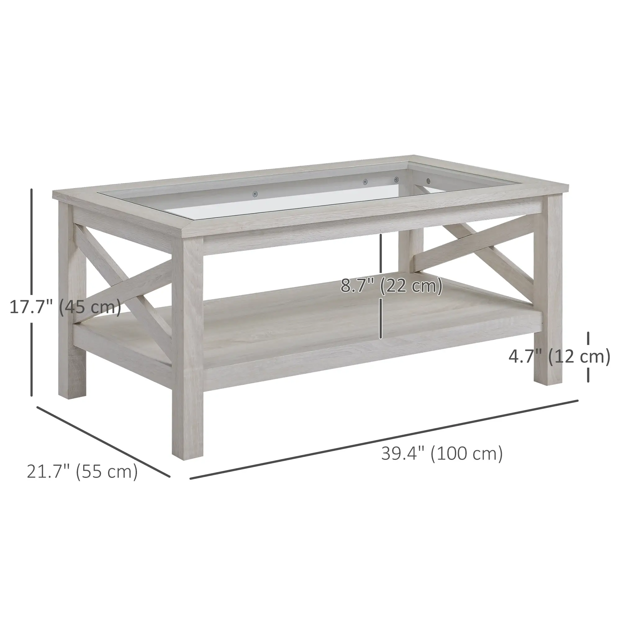 Farmhouse Coffee Table, Tempered Glass Top, 2-Tier with Storage Shelf - Image 3