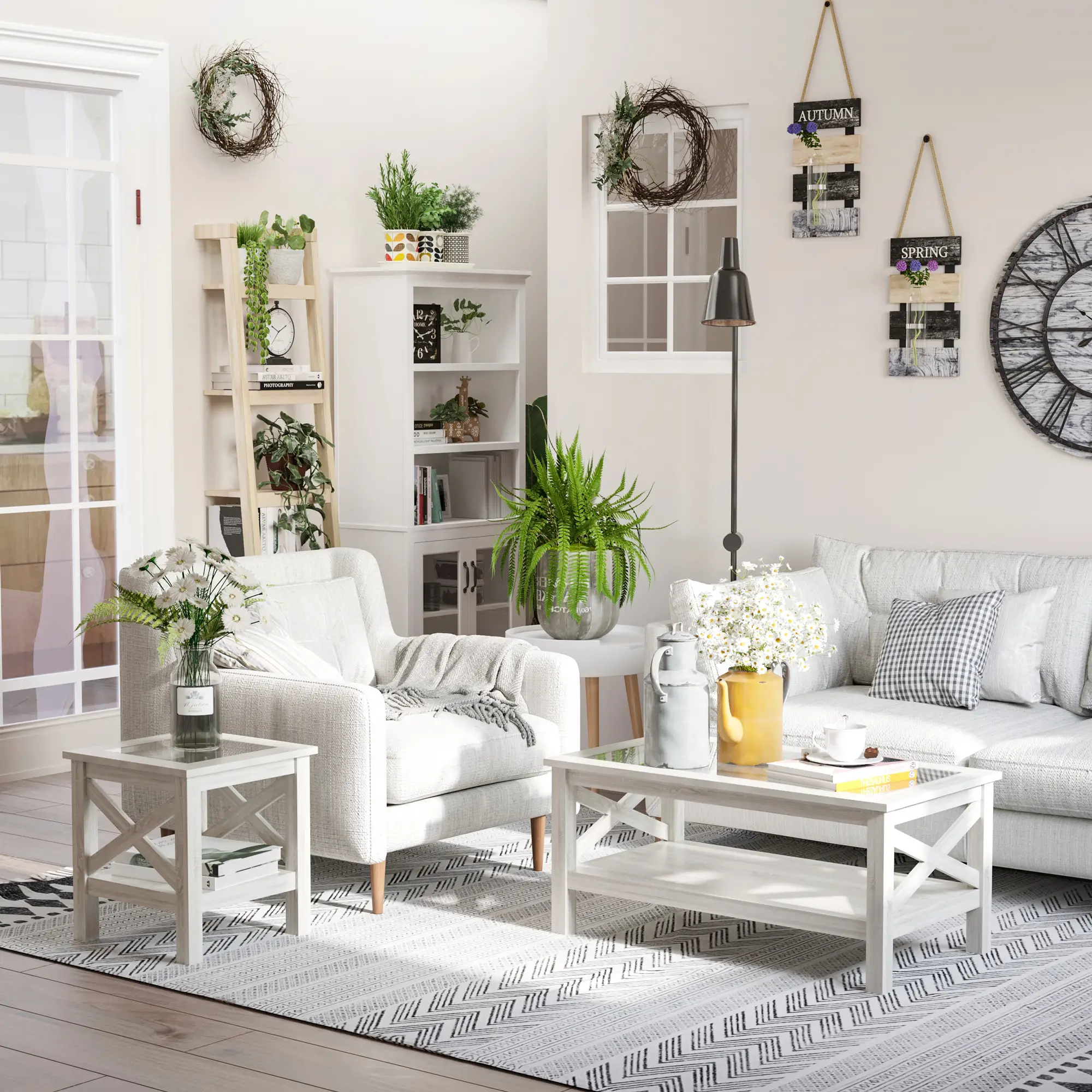 Farmhouse Coffee Table, Tempered Glass Top, 2-Tier with Storage Shelf - Image 4
