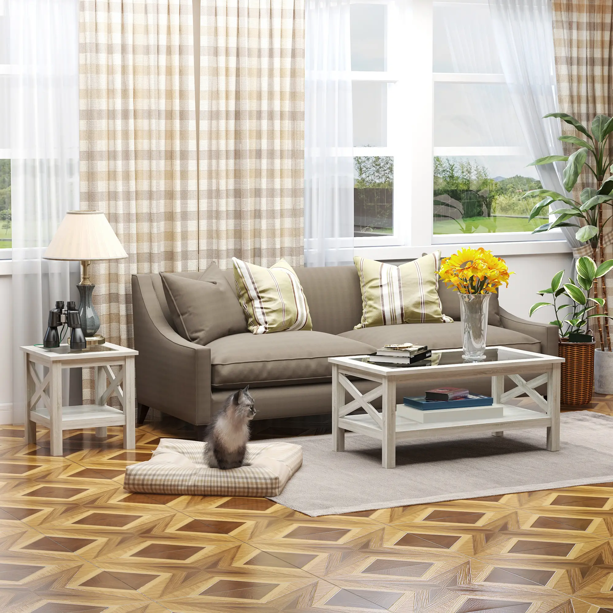 Farmhouse Coffee Table, Tempered Glass Top, 2-Tier with Storage Shelf - Image 5