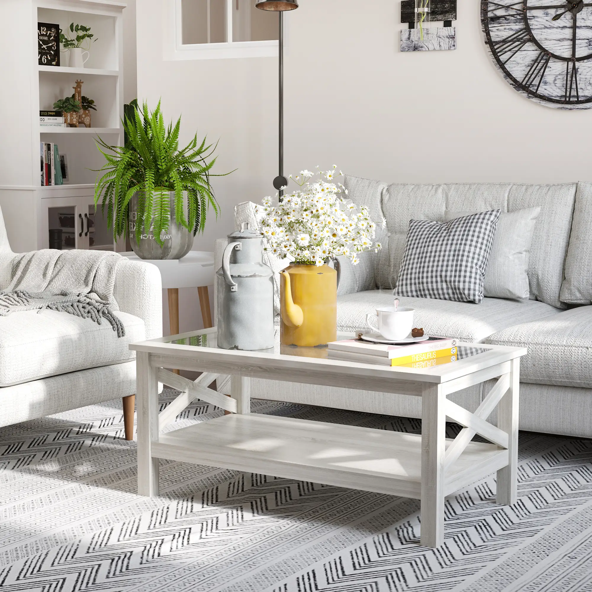 Farmhouse Coffee Table, Tempered Glass Top, 2-Tier with Storage Shelf - Image 7