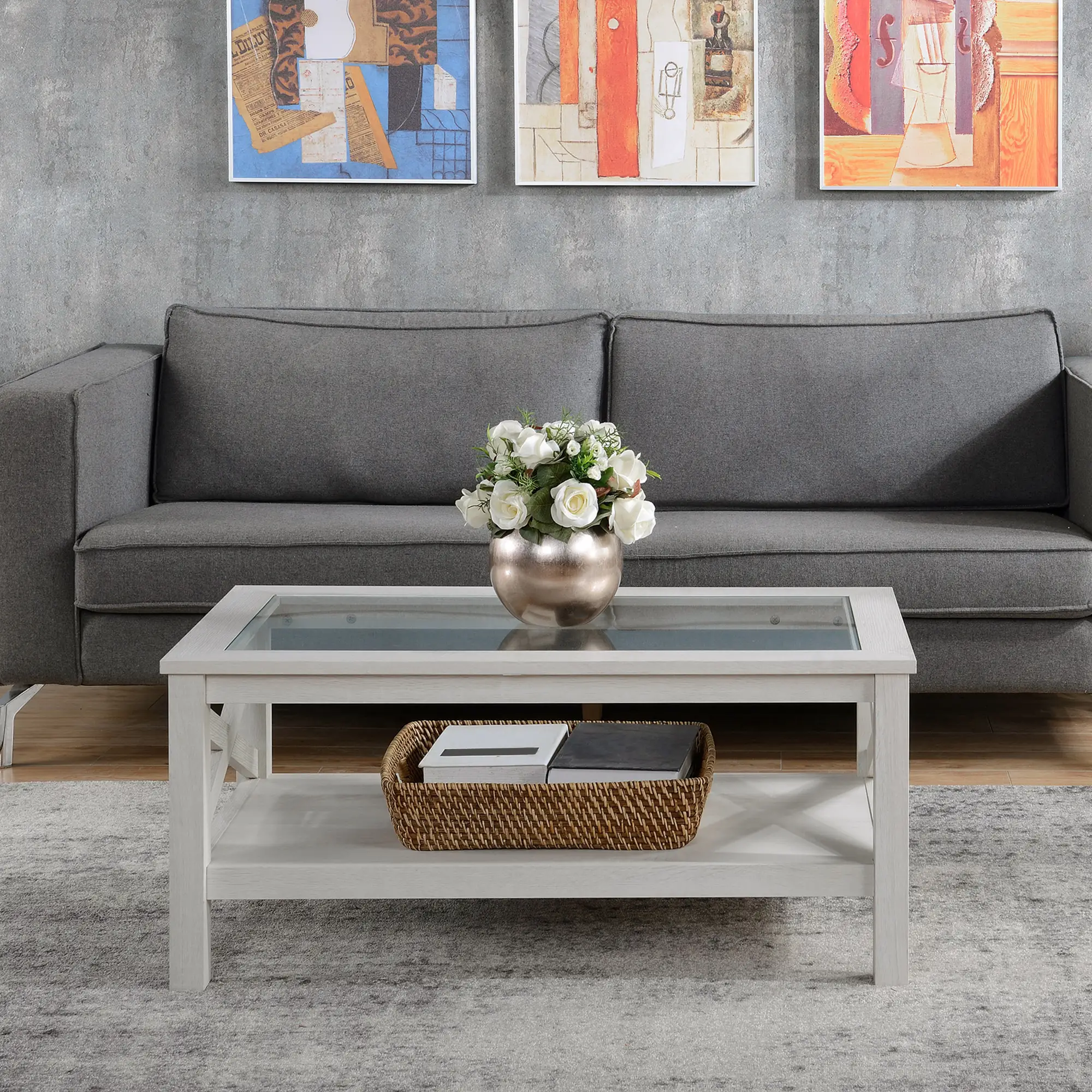 Farmhouse Coffee Table, Tempered Glass Top, 2-Tier with Storage Shelf - Image 8