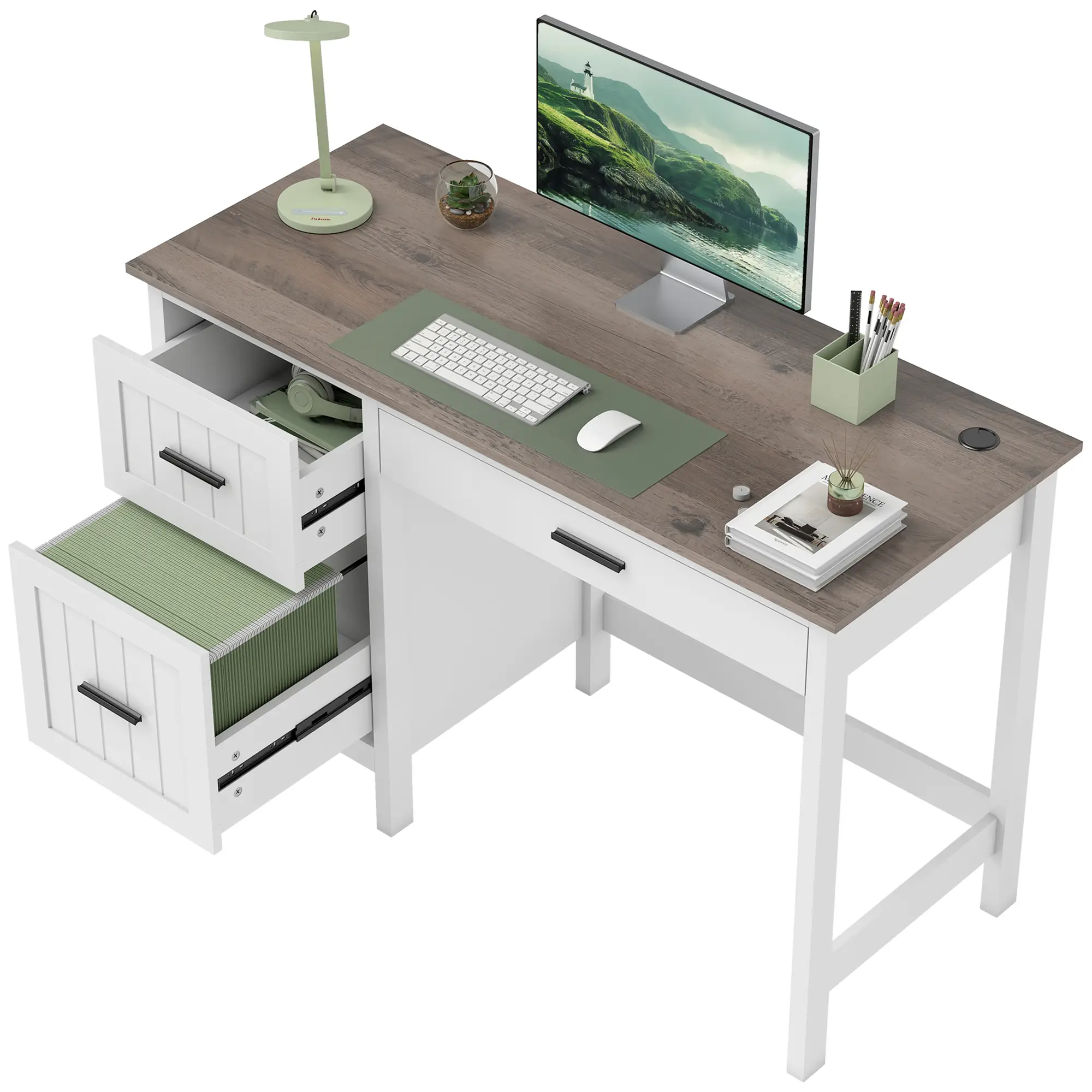 Farmhouse Computer Desk, 3 Drawers, Wood Grain Top, White