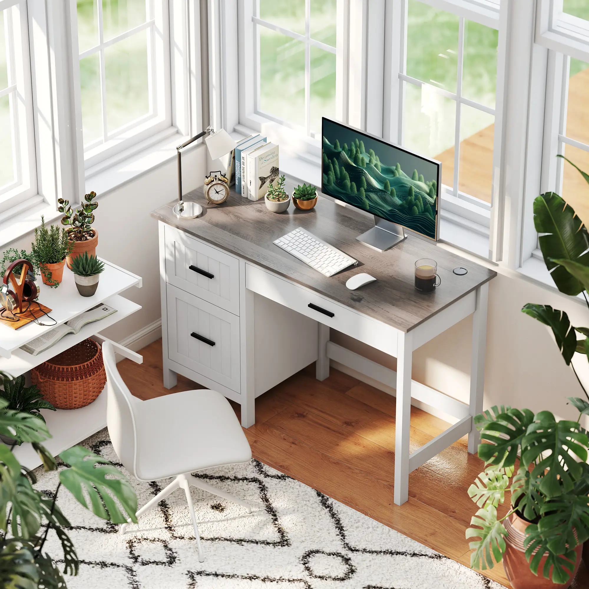 Farmhouse Computer Desk, 3 Drawers, Wood Grain Top, White - Image 2