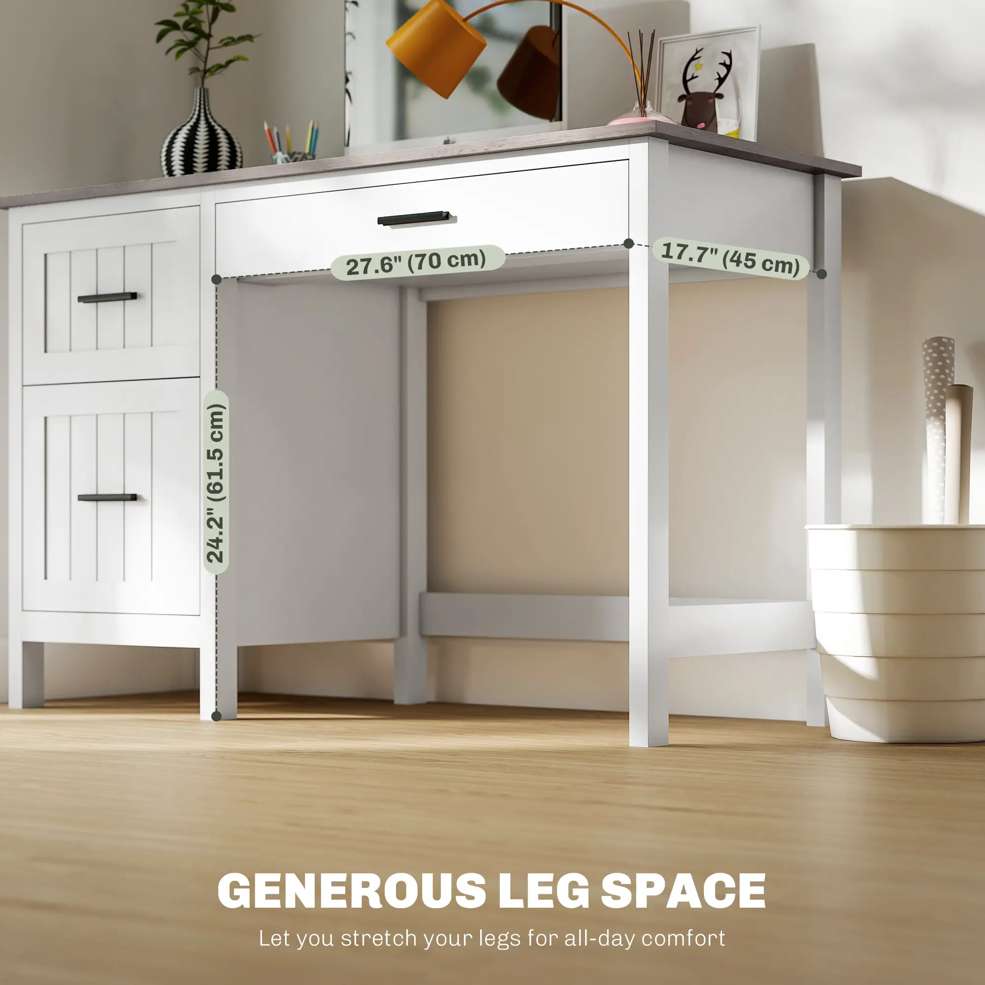 Farmhouse Computer Desk, 3 Drawers, Wood Grain Top, White - Image 6