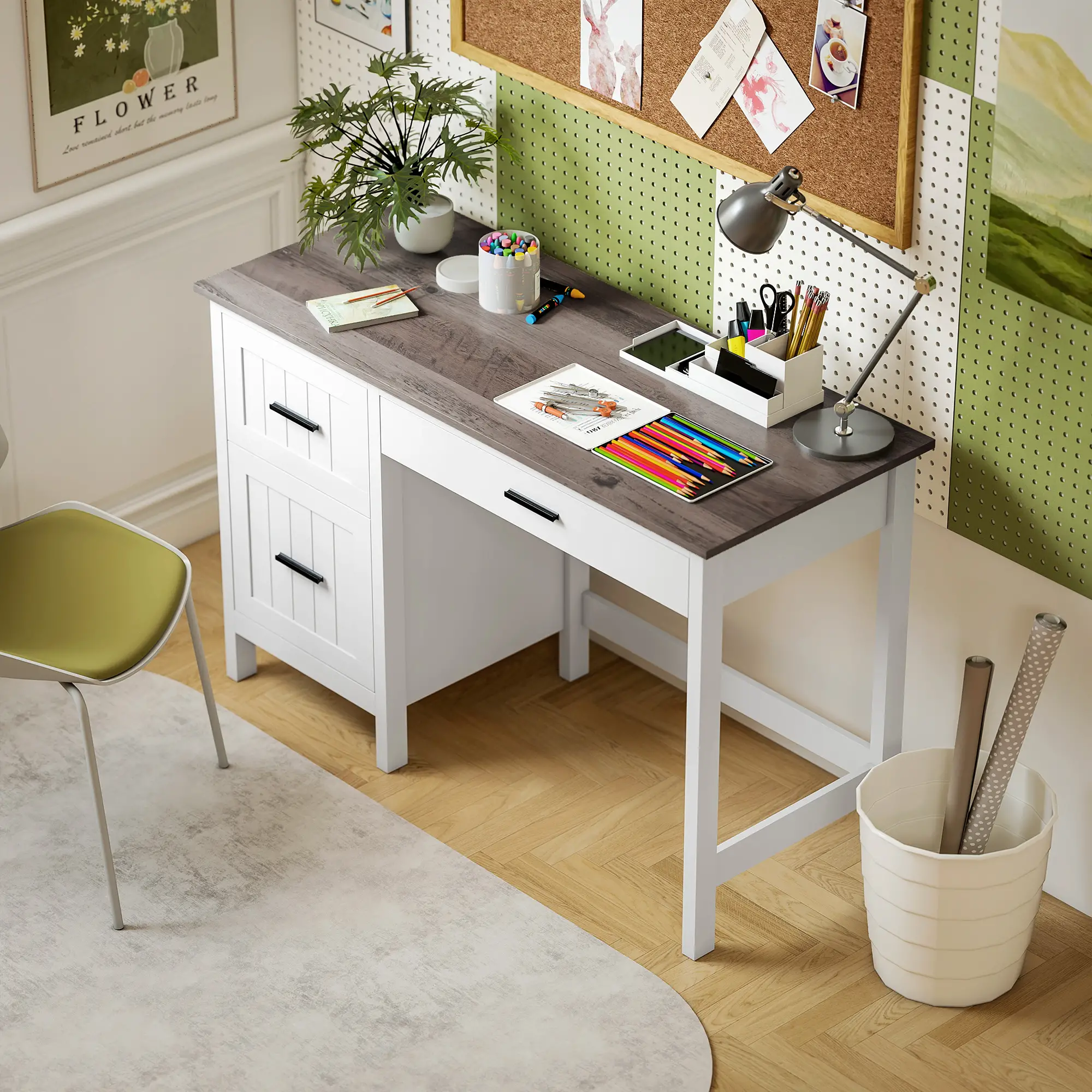 Farmhouse Computer Desk, 3 Drawers, Wood Grain Top, White - Image 8