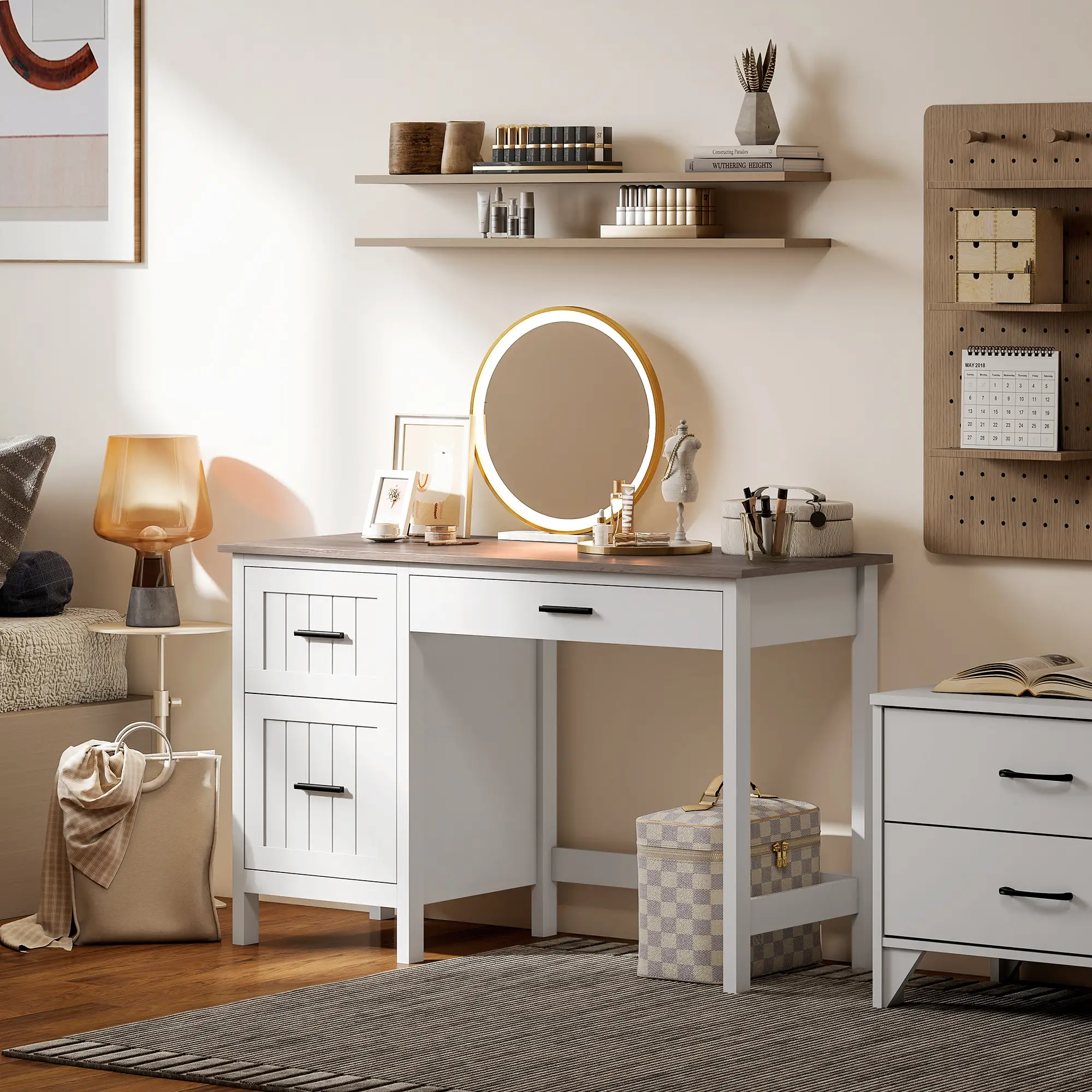 Farmhouse Computer Desk, 3 Drawers, Wood Grain Top, White - Image 9