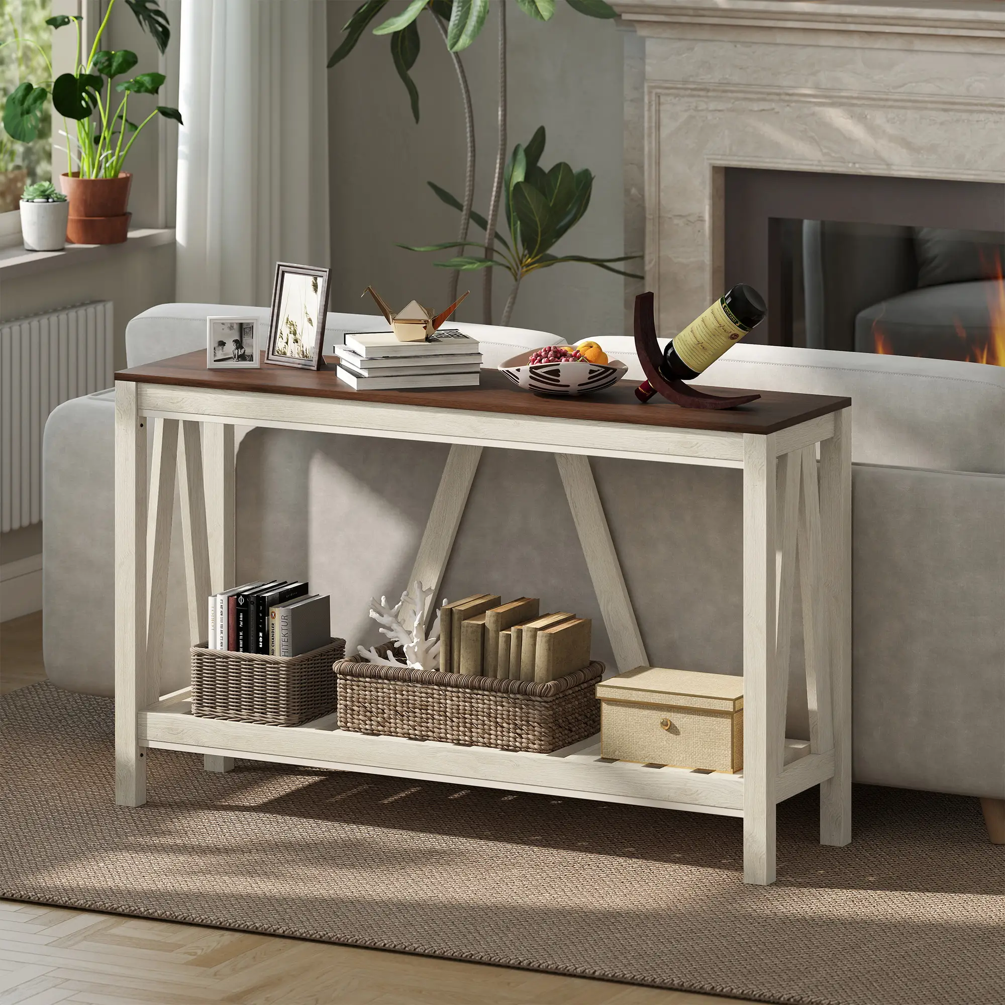 Farmhouse Console Table with Storage Shelf, Rustic Sofa Table, Oak - Image 7