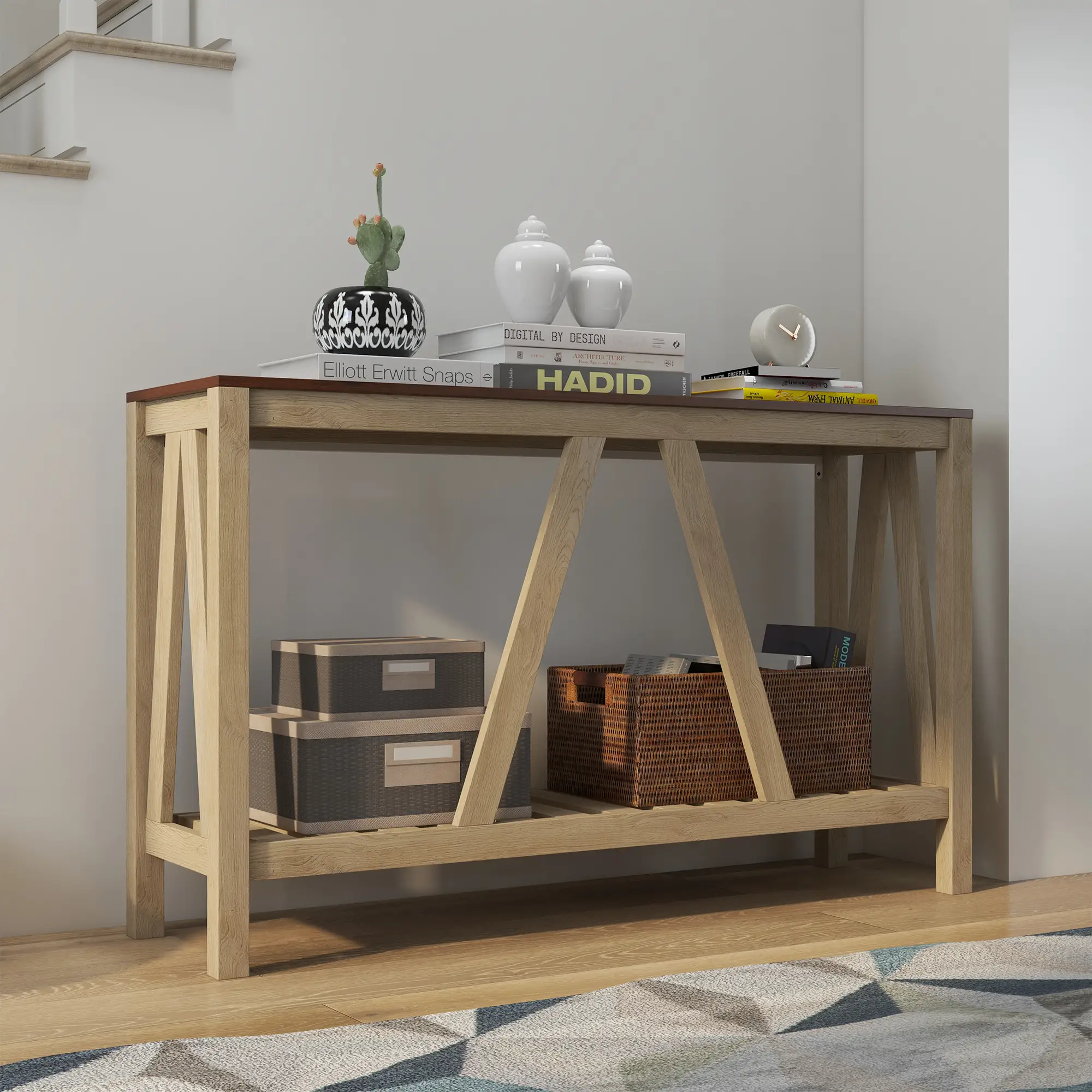 Farmhouse Console Table with Storage Shelf, Rustic Sofa Table, Oak - Image 8