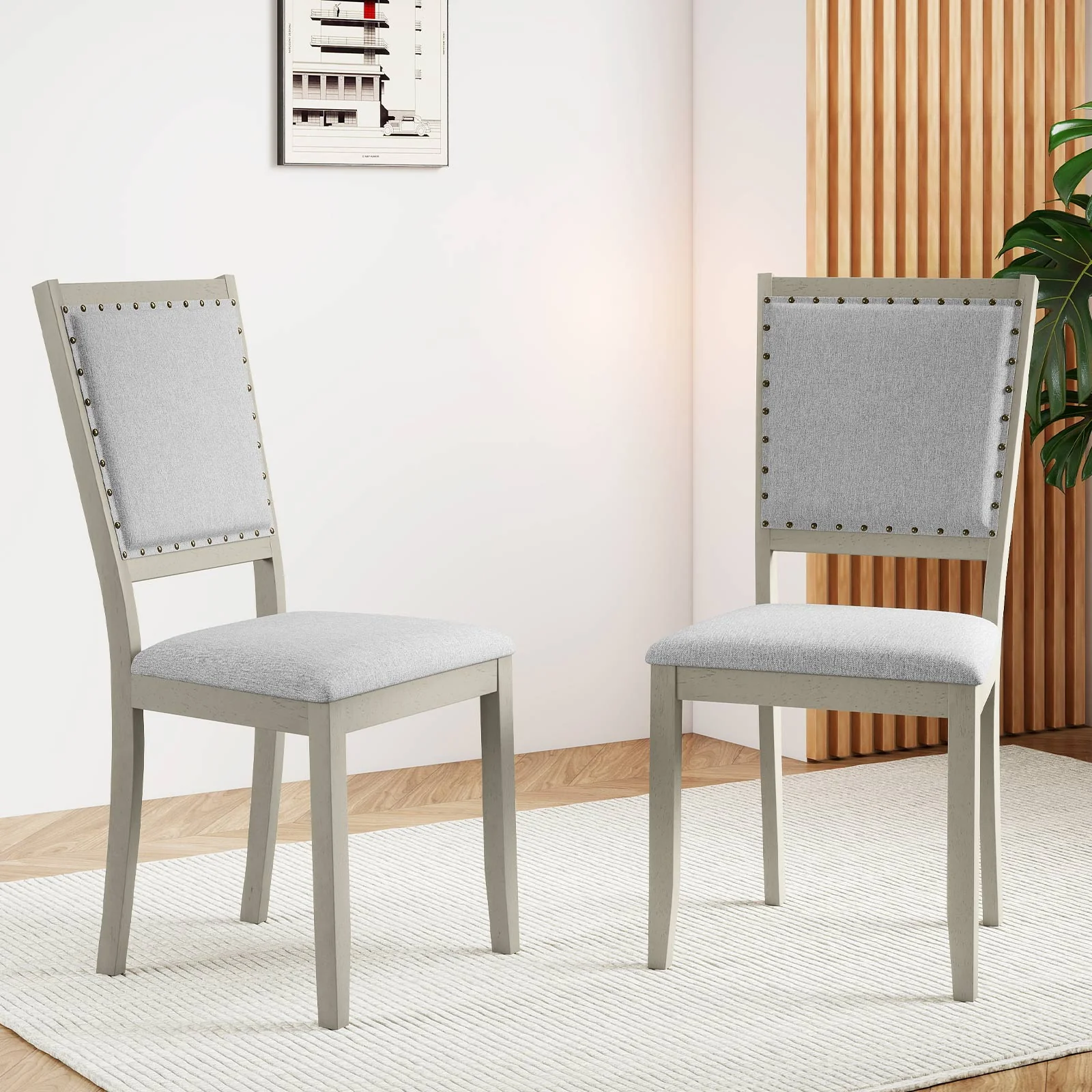 Farmhouse Dining Chair Set, 2 Fabric Upholstered Kitchen Chairs, Gray - Image 3