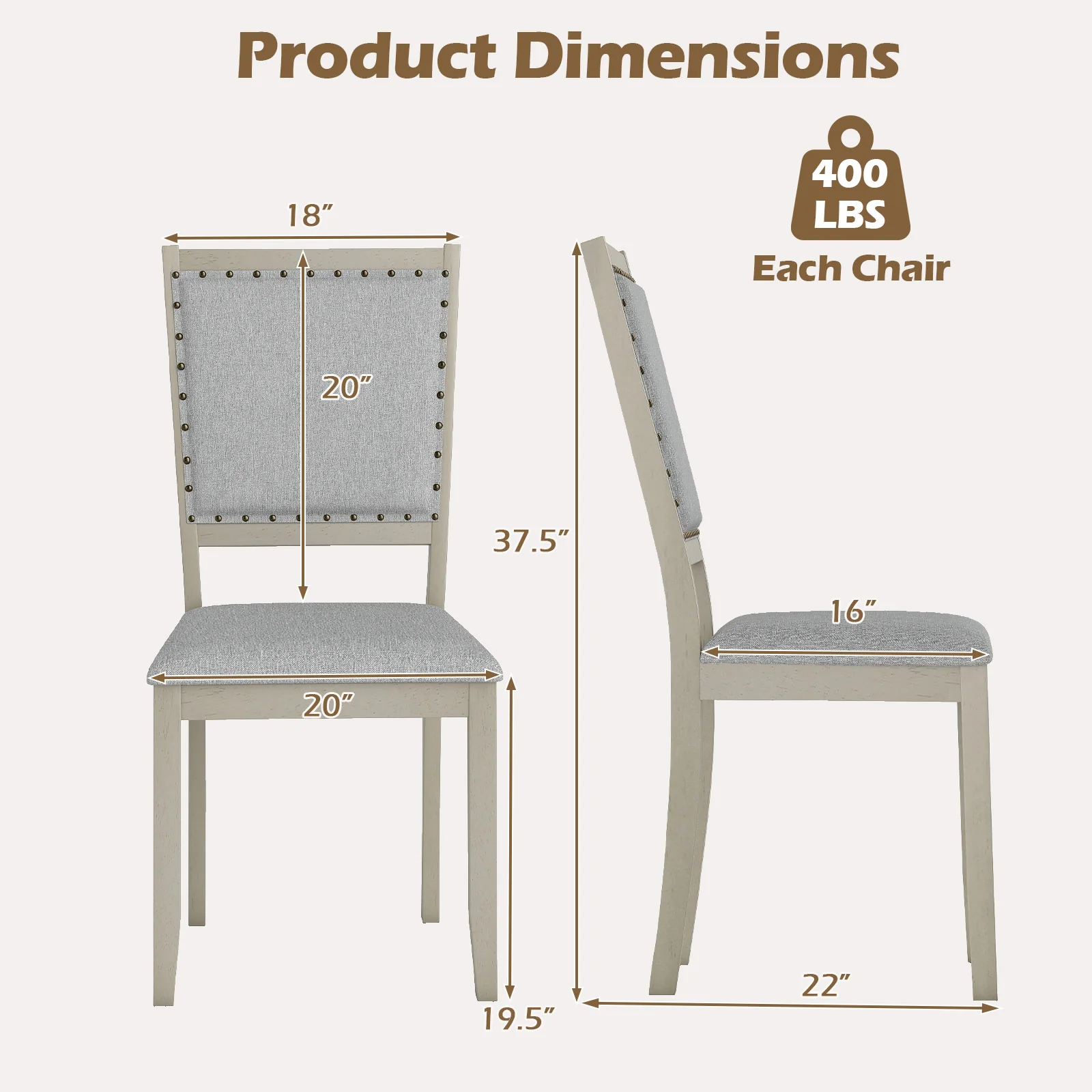 Farmhouse Dining Chair Set, 2 Fabric Upholstered Kitchen Chairs, Gray - Image 5