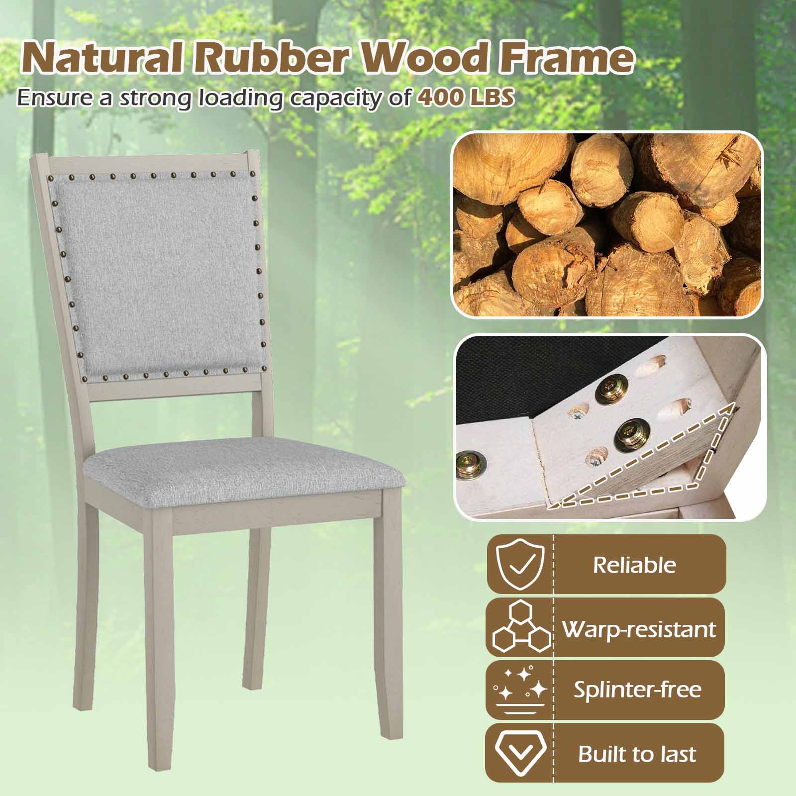 Farmhouse Dining Chair Set, 2 Fabric Upholstered Kitchen Chairs, Gray - Image 8