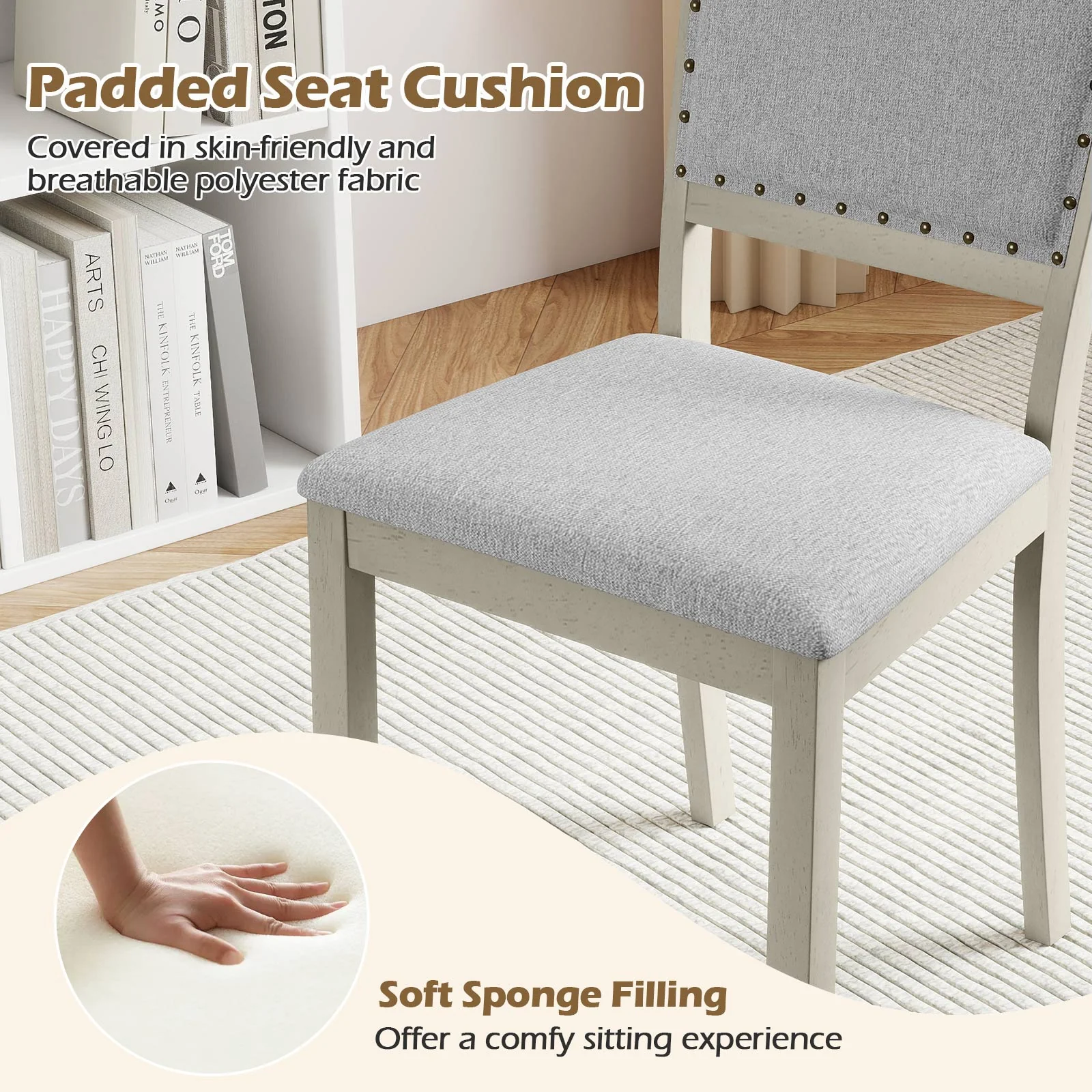 Farmhouse Dining Chair Set, 2 Fabric Upholstered Kitchen Chairs, Gray - Image 9