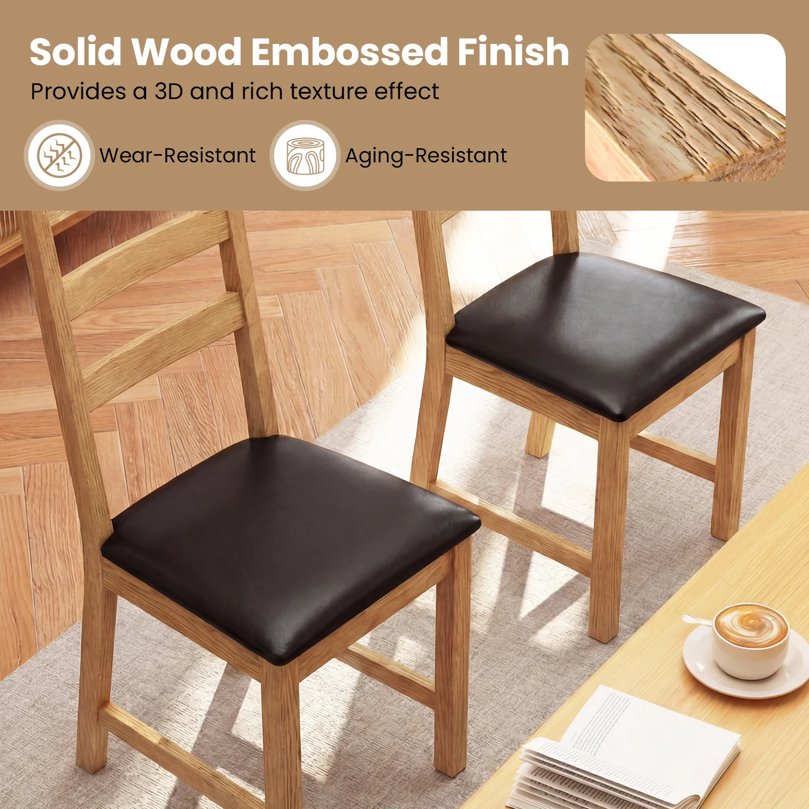 Farmhouse Dining Chairs Set Of 2, Hollowed Backrest, Natural - Image 8