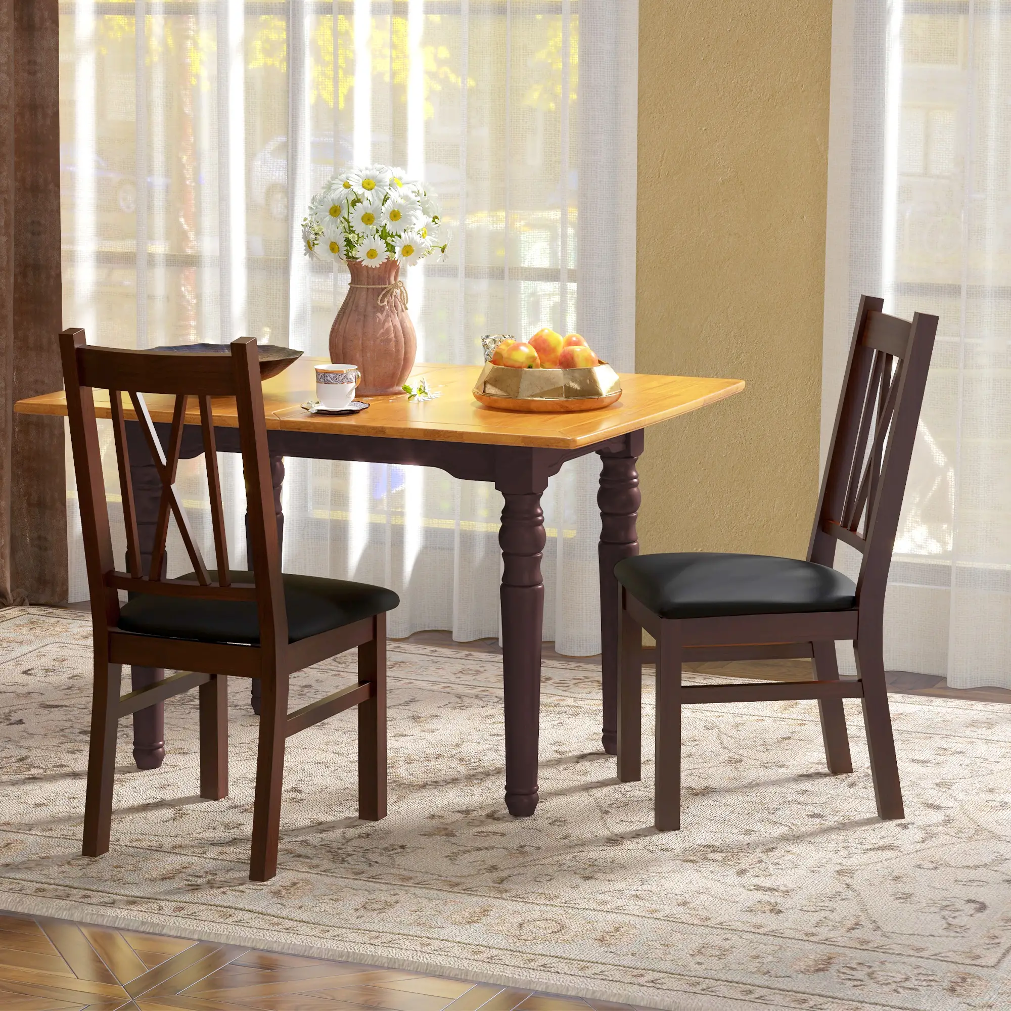Farmhouse Dining Table Chairs Set of 2, Pine Wood, PU Leather Cushion - Image 10