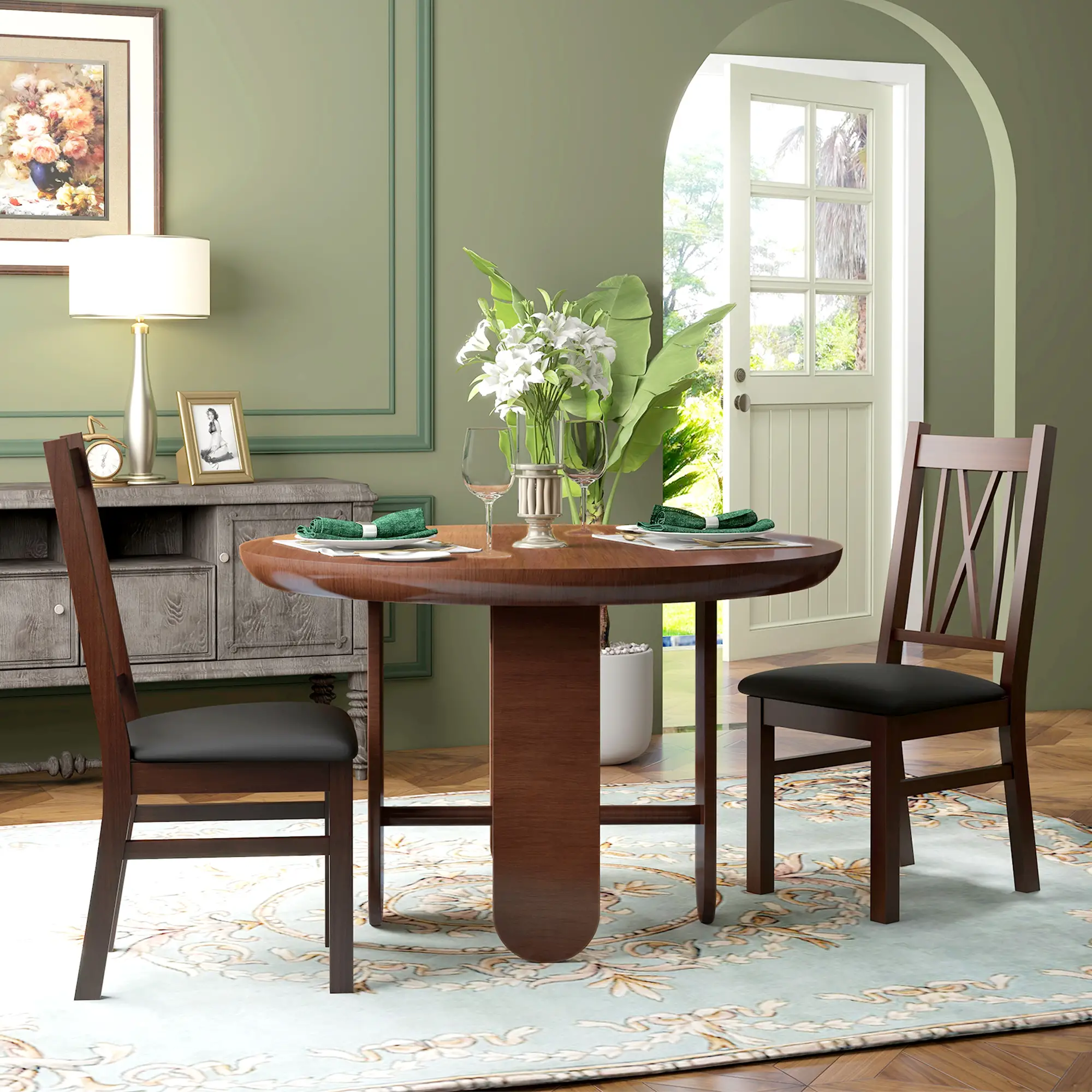 Farmhouse Dining Table Chairs Set of 2, Pine Wood, PU Leather Cushion - Image 2