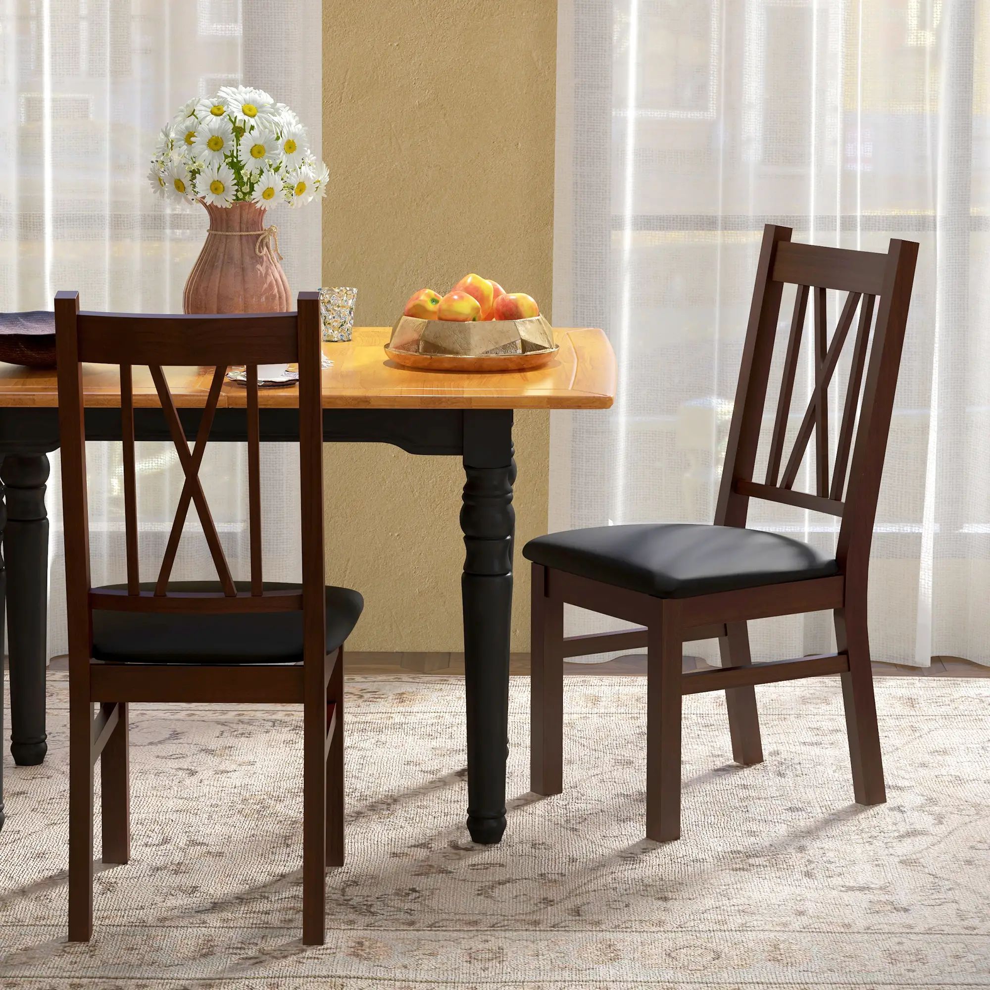 Farmhouse Dining Table Chairs Set of 2, Pine Wood, PU Leather Cushion - Image 7