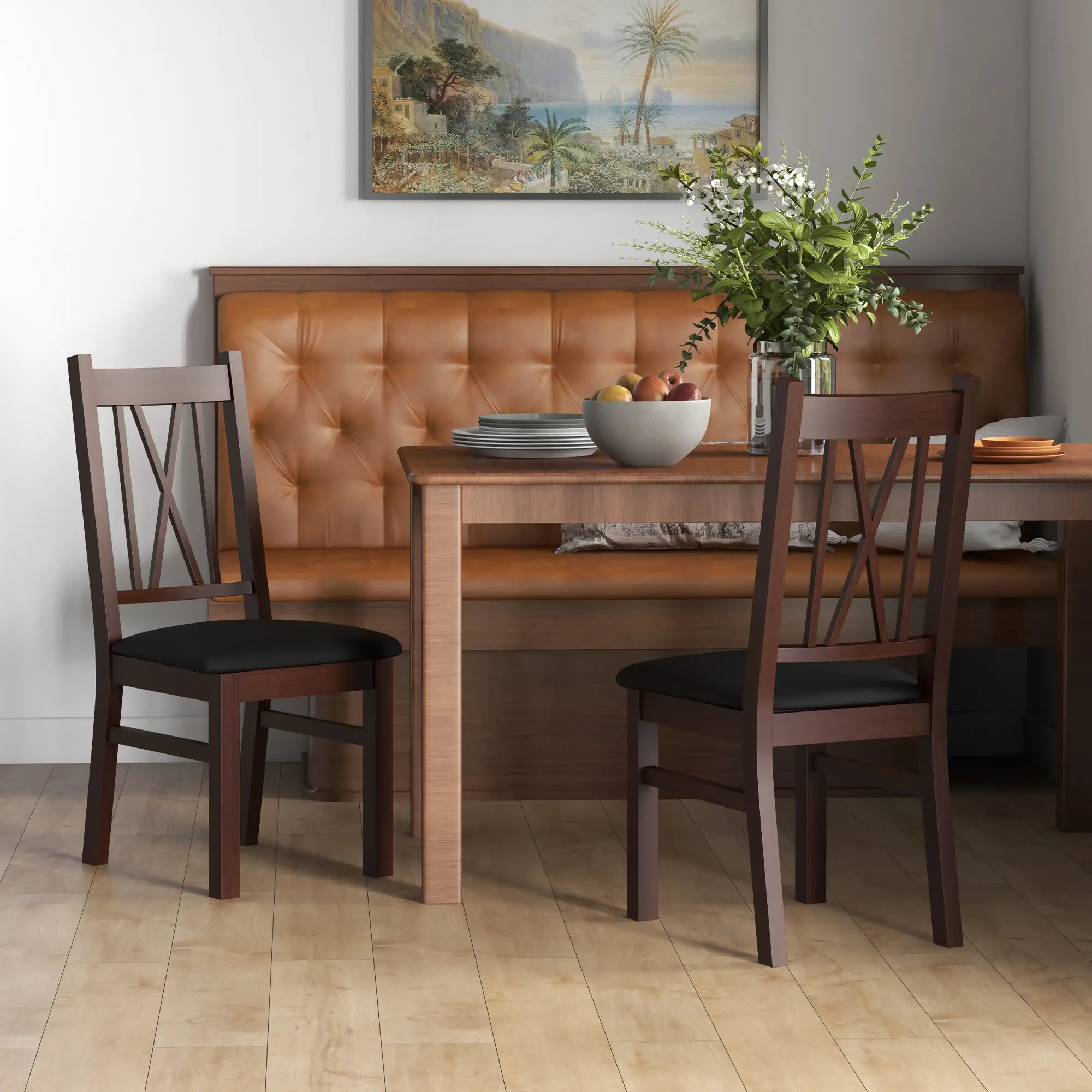 Farmhouse Dining Table Chairs Set of 2, Pine Wood, PU Leather Cushion - Image 8