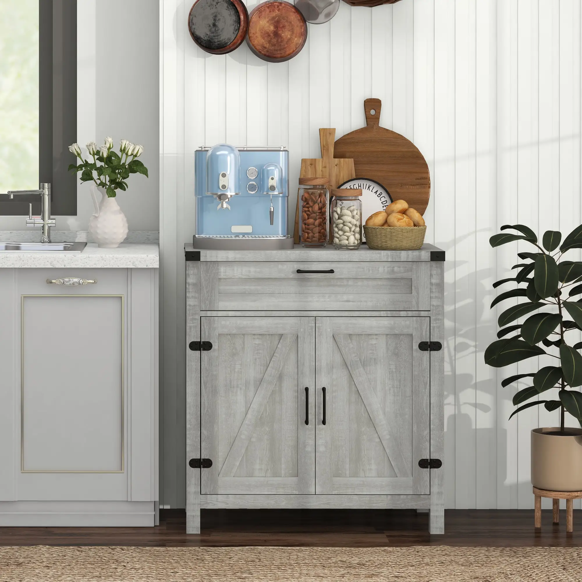 Farmhouse Kitchen Cabinet, Sideboard with 2 Barn Doors, Drawer, Grey - Image 2