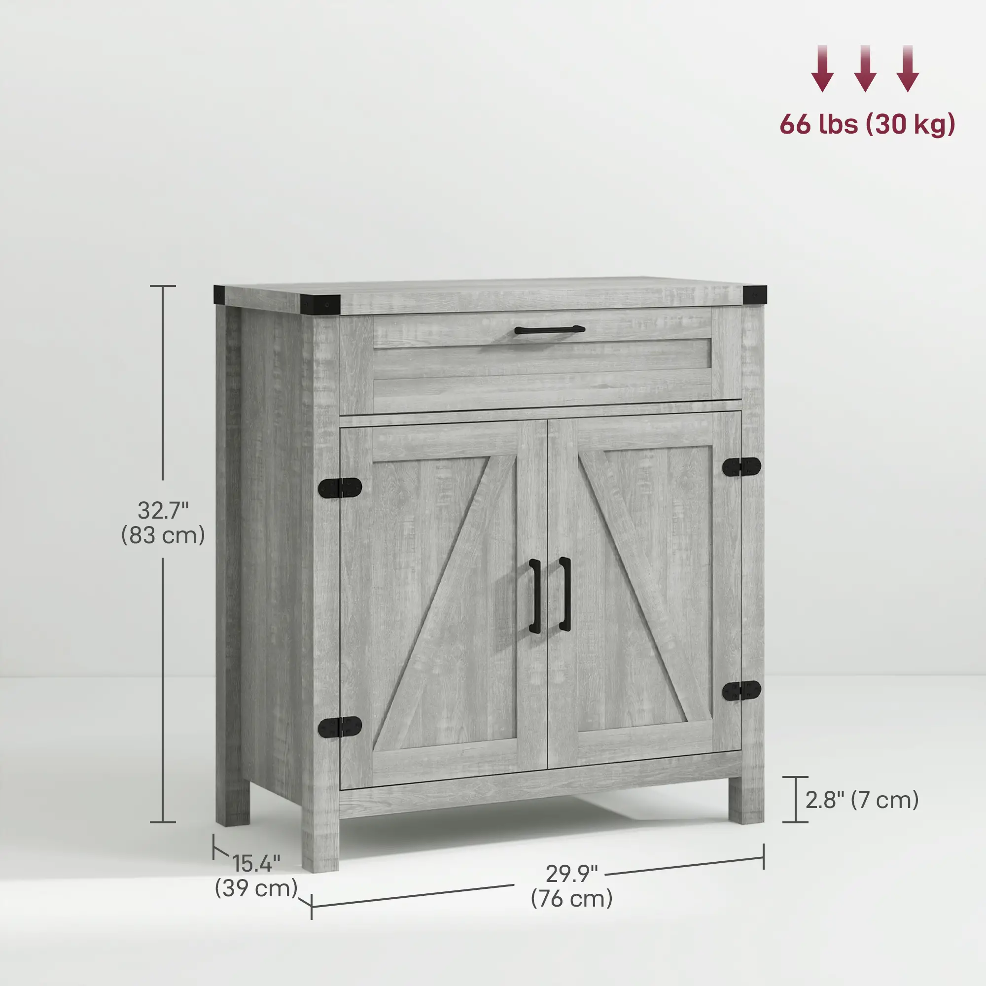 Farmhouse Kitchen Cabinet, Sideboard with 2 Barn Doors, Drawer, Grey - Image 3