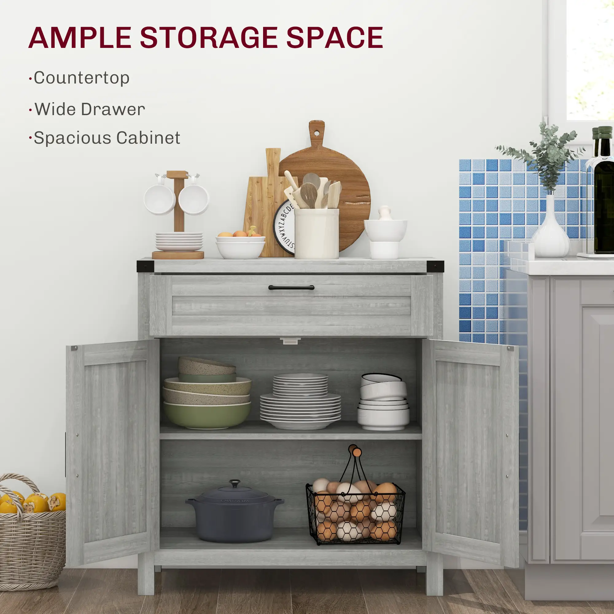 Farmhouse Kitchen Cabinet, Sideboard with 2 Barn Doors, Drawer, Grey - Image 4