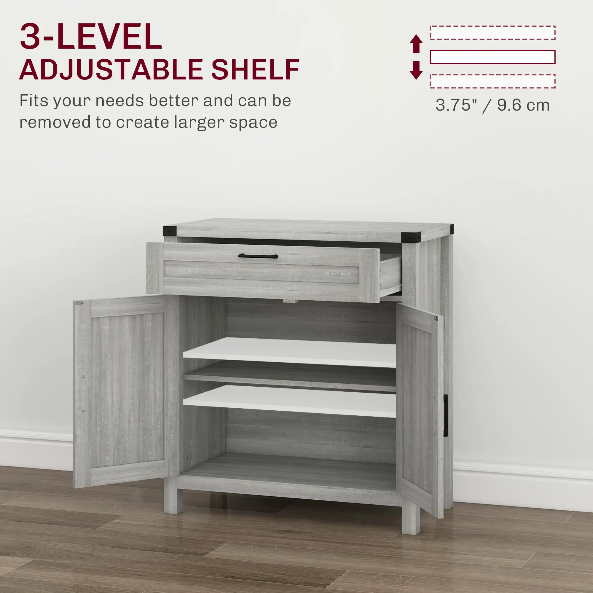 Farmhouse Kitchen Cabinet, Sideboard with 2 Barn Doors, Drawer, Grey - Image 5