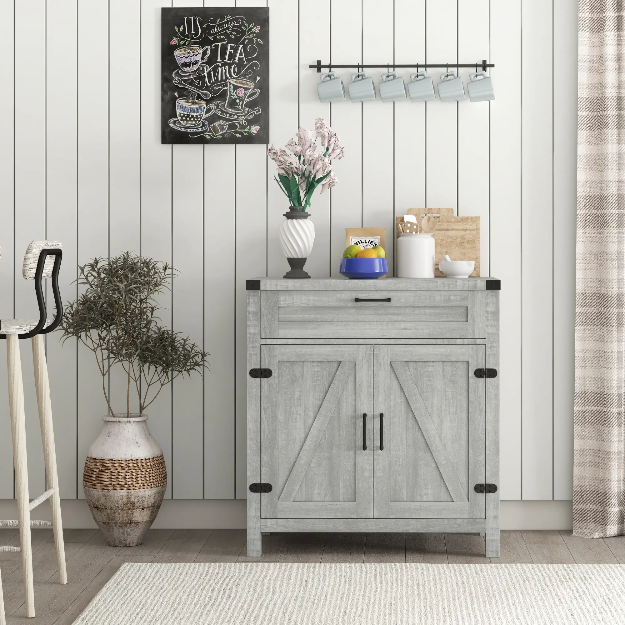 Farmhouse Kitchen Cabinet, Sideboard with 2 Barn Doors, Drawer, Grey - Image 9