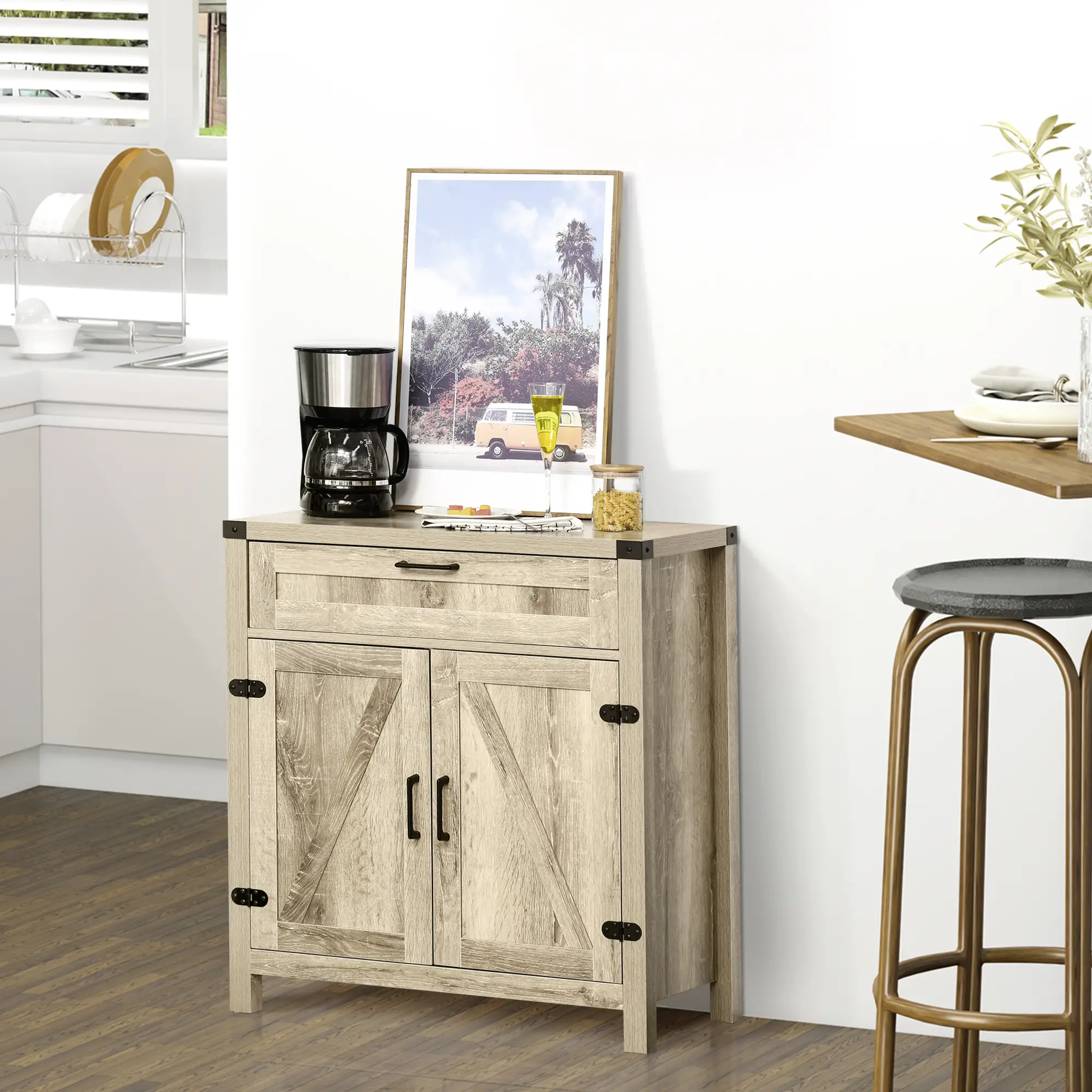 Farmhouse Kitchen Cabinet, Sideboard with 2 Barn Doors, Drawer, Oak - Image 2