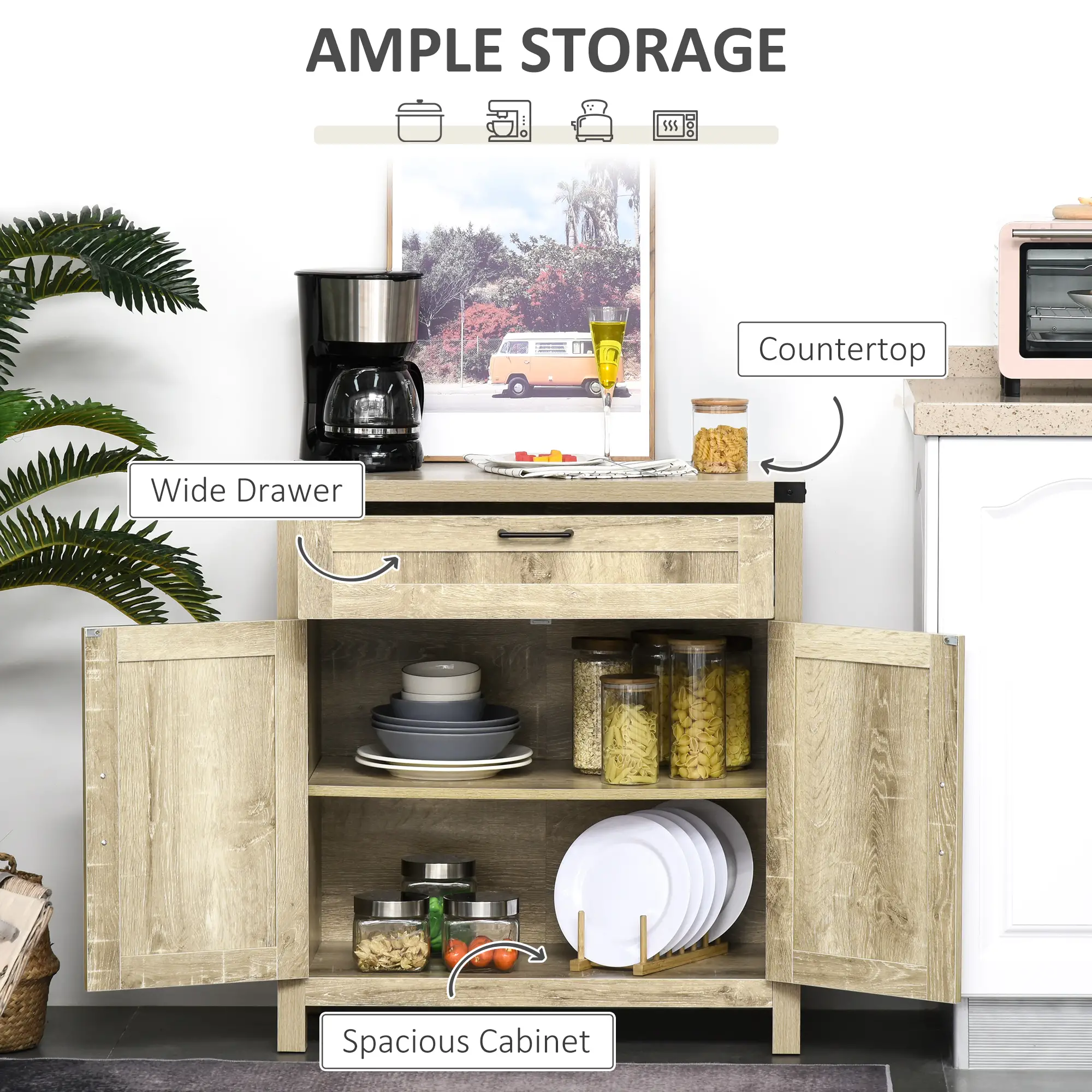 Farmhouse Kitchen Cabinet, Sideboard with 2 Barn Doors, Drawer, Oak - Image 4