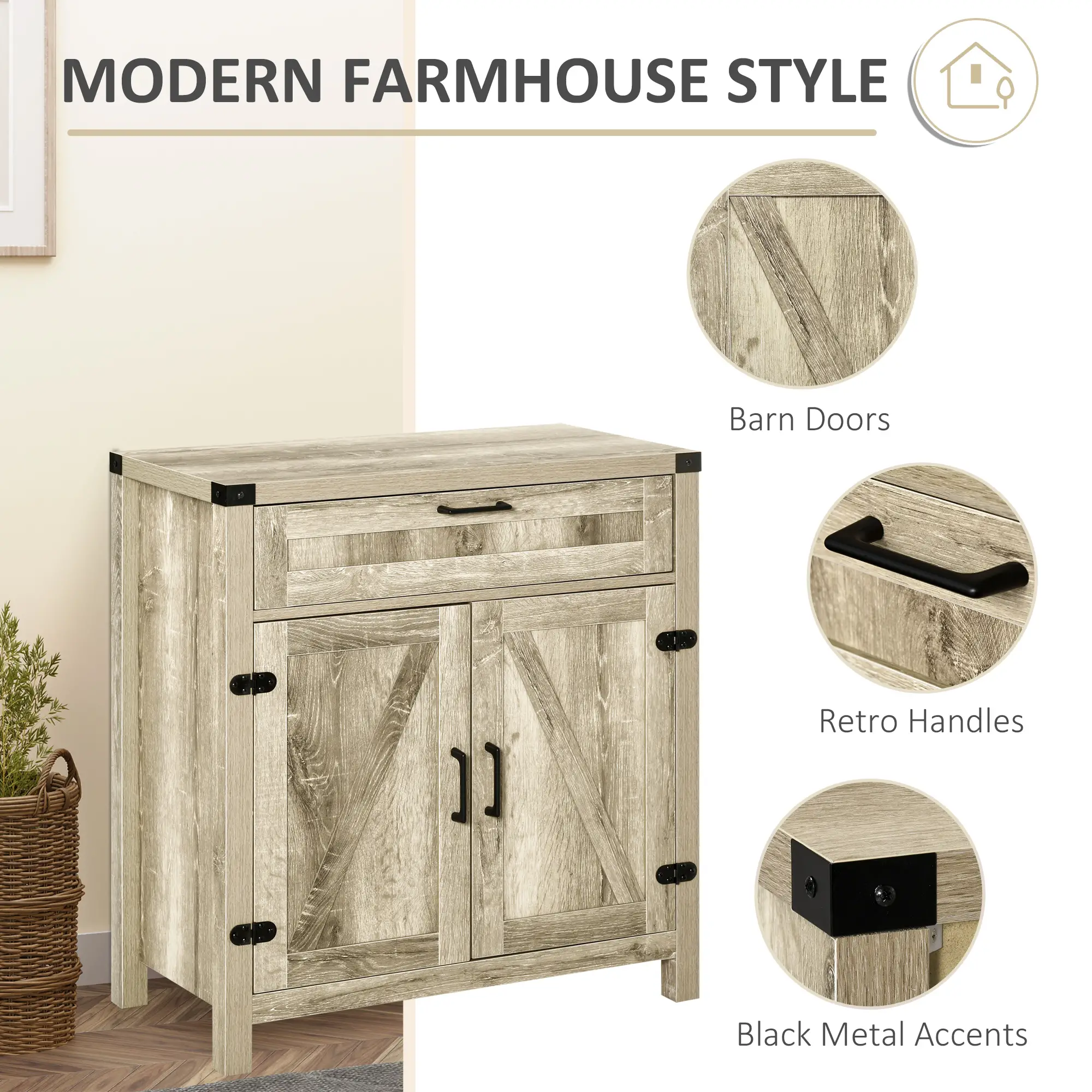 Farmhouse Kitchen Cabinet, Sideboard with 2 Barn Doors, Drawer, Oak - Image 6