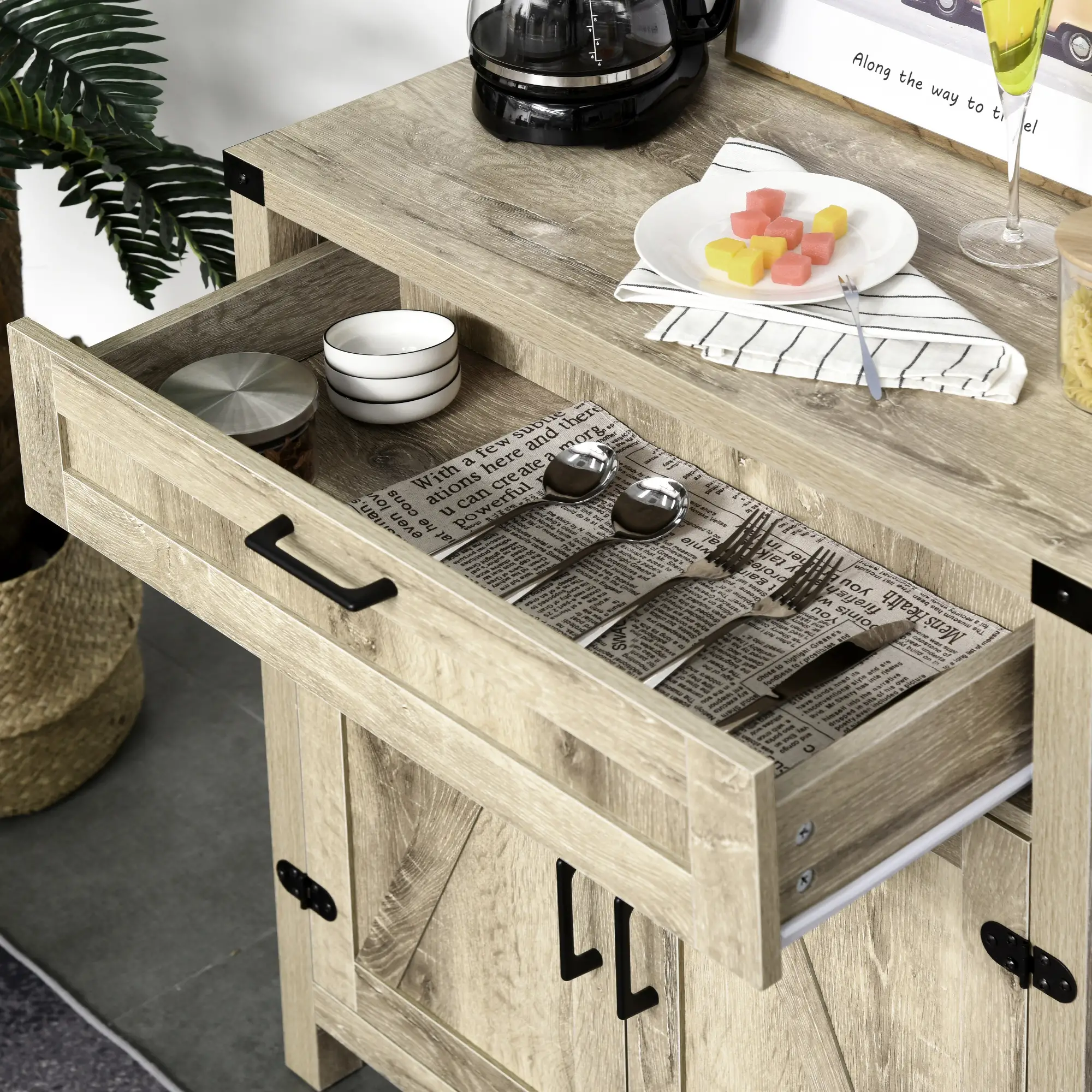 Farmhouse Kitchen Cabinet, Sideboard with 2 Barn Doors, Drawer, Oak - Image 9