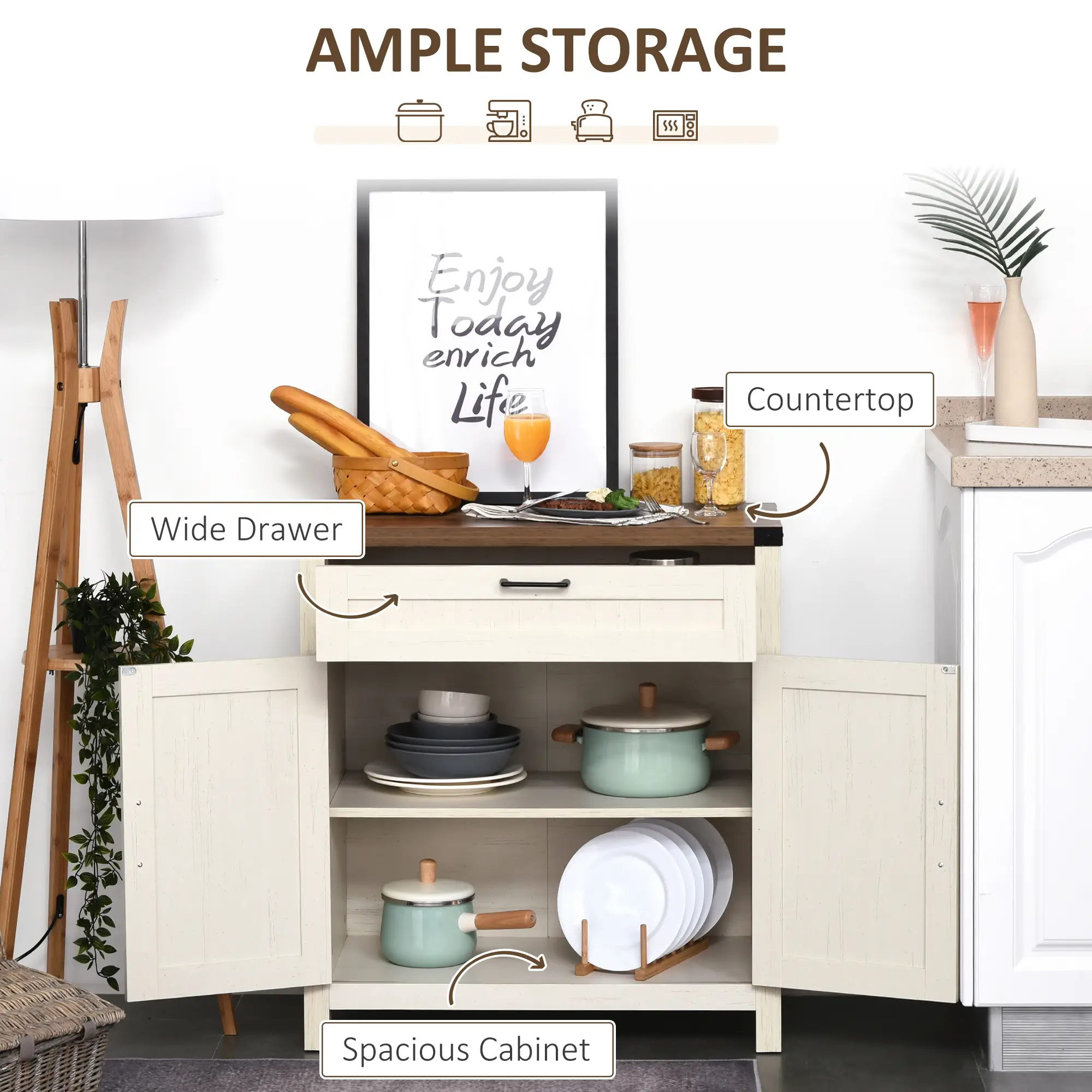 Farmhouse Kitchen Cabinet, Sideboard with 2 Barn Doors, Drawer, White - Image 4