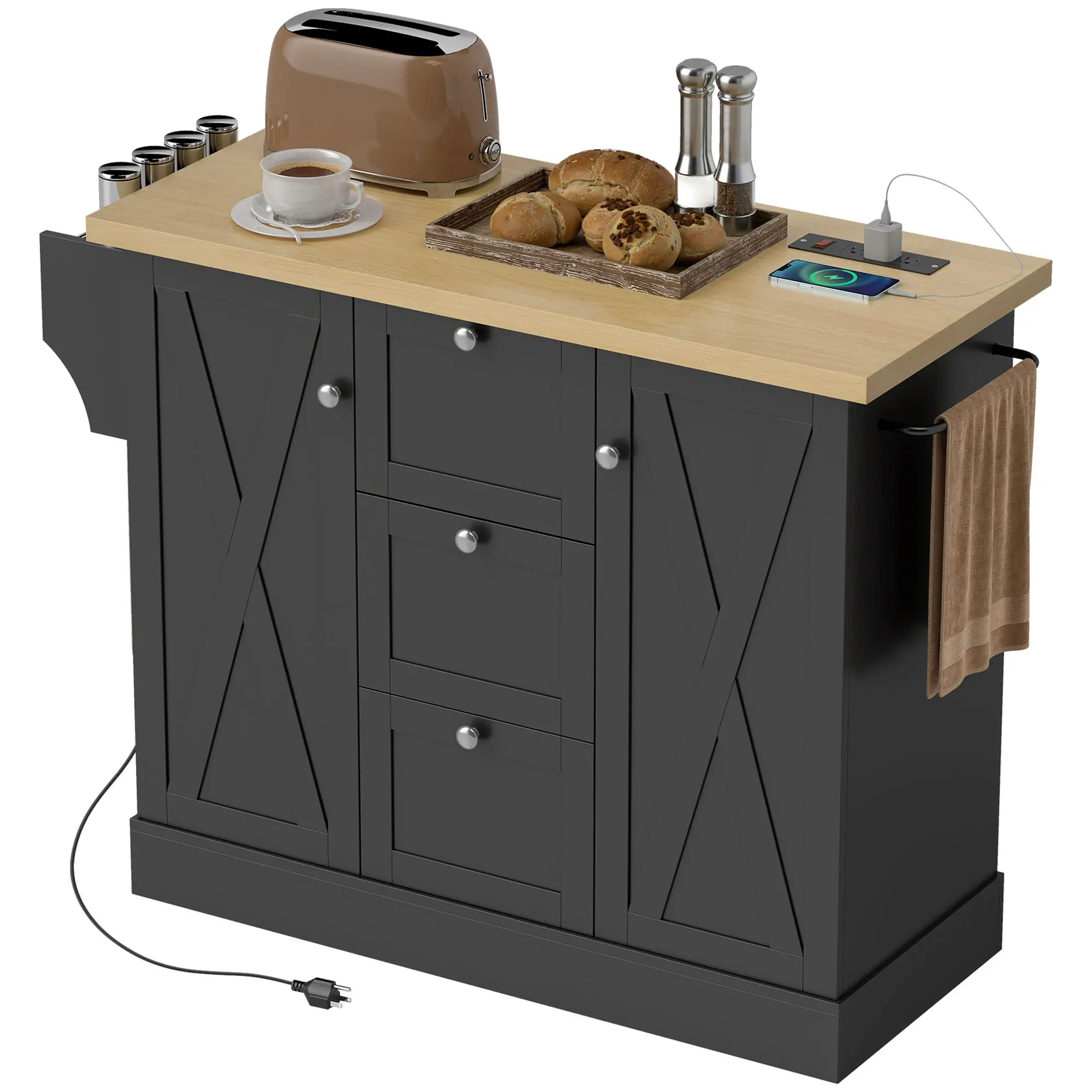 Farmhouse Kitchen Island Cart with Power Outlet, 49 Inch, Black