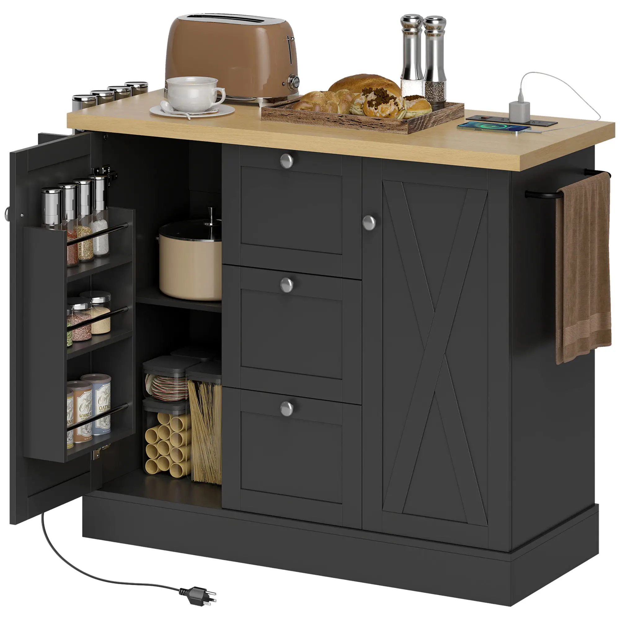 Farmhouse Kitchen Island Cart with Power Outlet, 49 Inch, Black - Image 11
