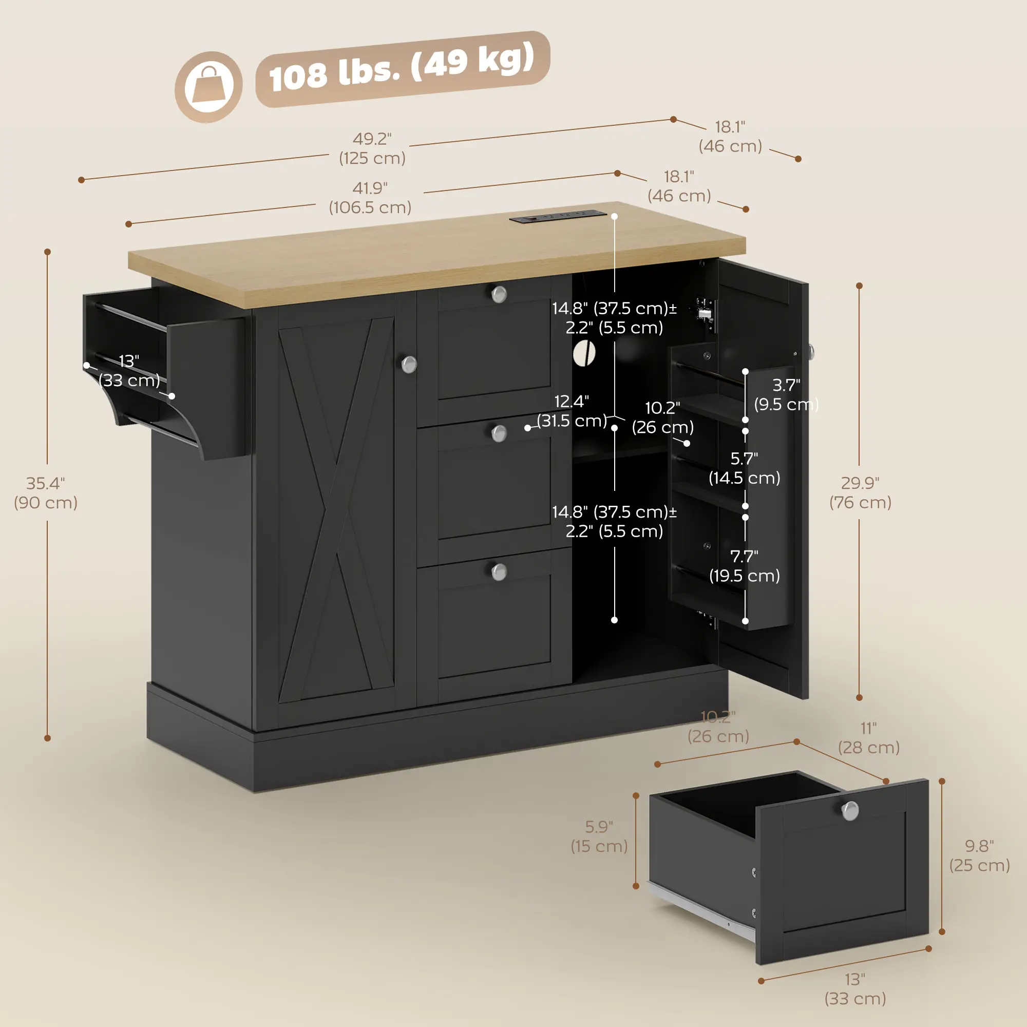 Farmhouse Kitchen Island Cart with Power Outlet, 49 Inch, Black - Image 3